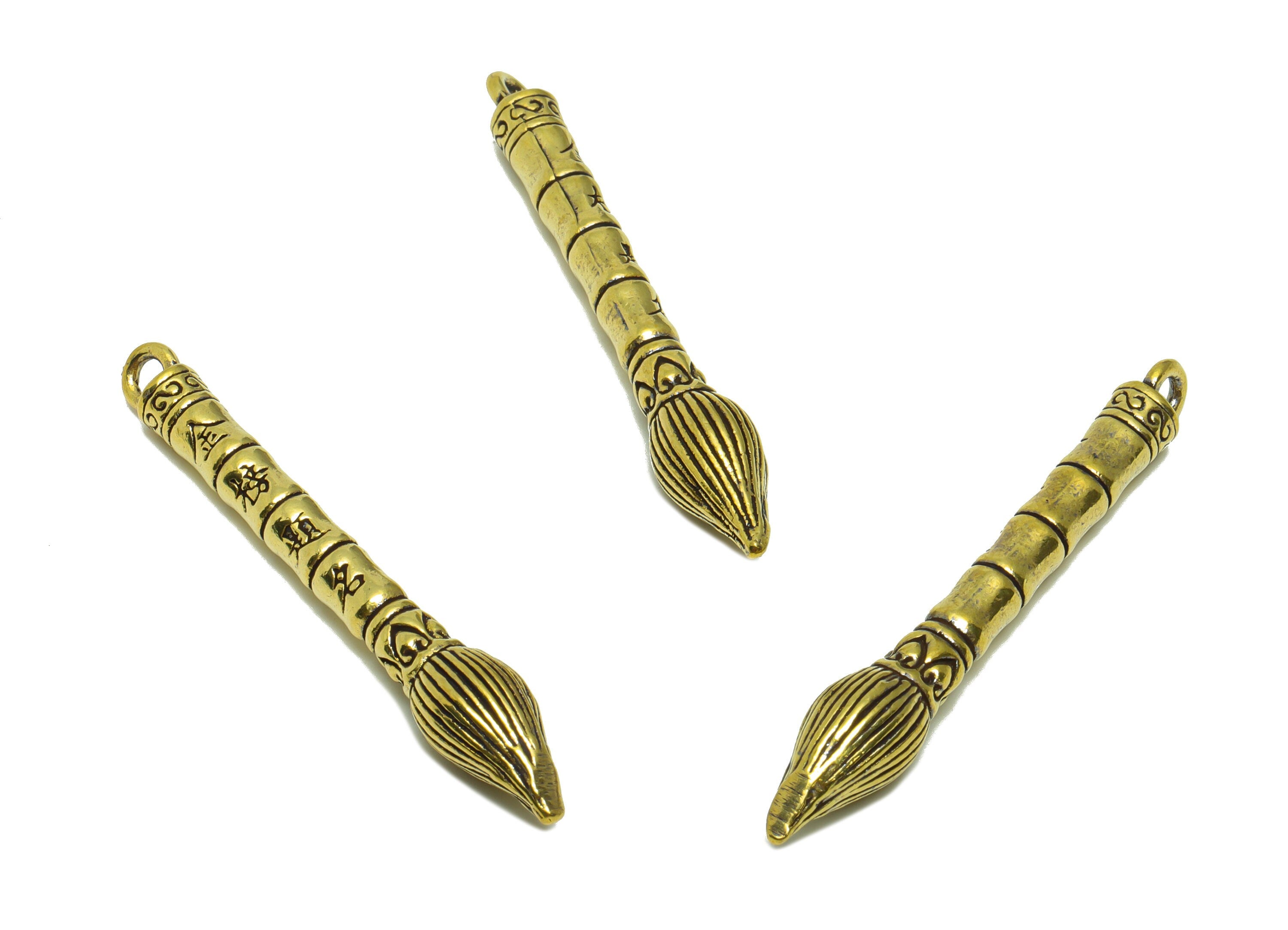 Brass Writing brush Charms - Raw Brass Pen Earring Charm - Textured Pen Figure - Antique Looking Pendant - Pen Pendant - 49x7x4mm - PP8735 - DOMEDBAZAAR