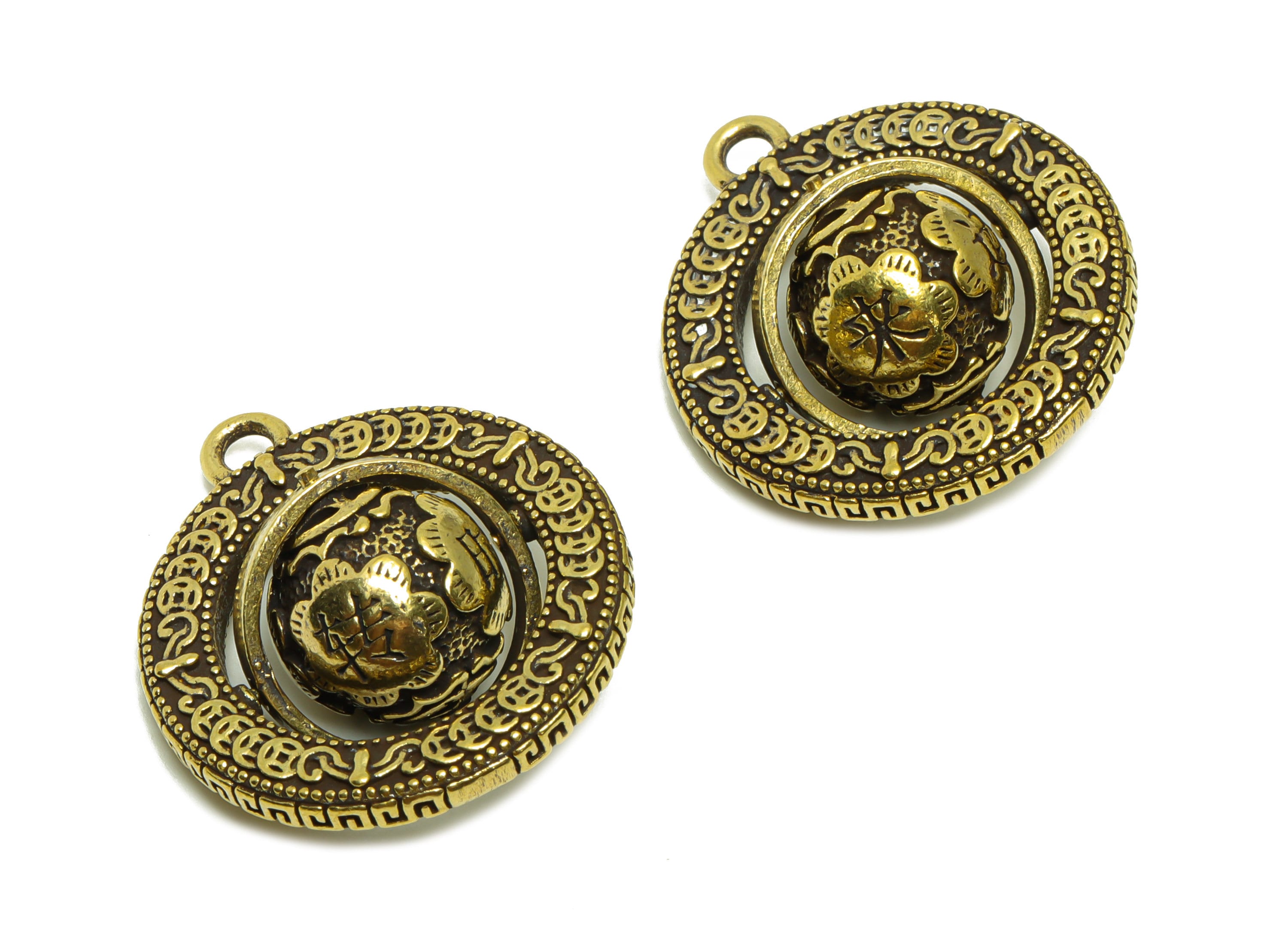 Brass Turning Charm - Raw Brass Turning Ball Earring Charm - Textured Figure - Antique Looking Pendant - Ball Pendant - 34x30x14mm -PP8781 - DOMEDBAZAAR