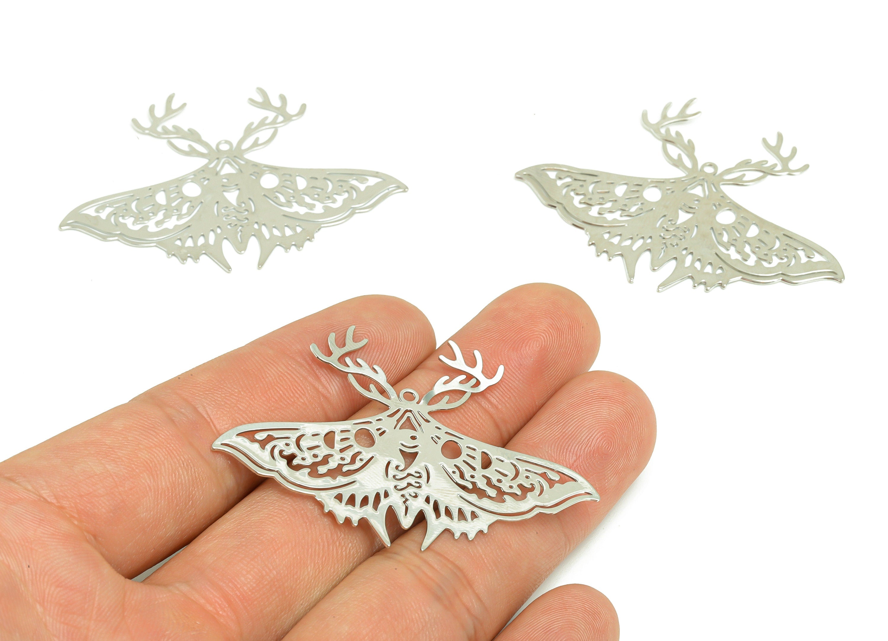 Brass Moth Earring Charm - Brass Inset Earring Charm - Brass Animal Earring Charm - 18K Real White Plating - 38x53.10x 0.34mm- RGP7064S - DOMEDBAZAAR