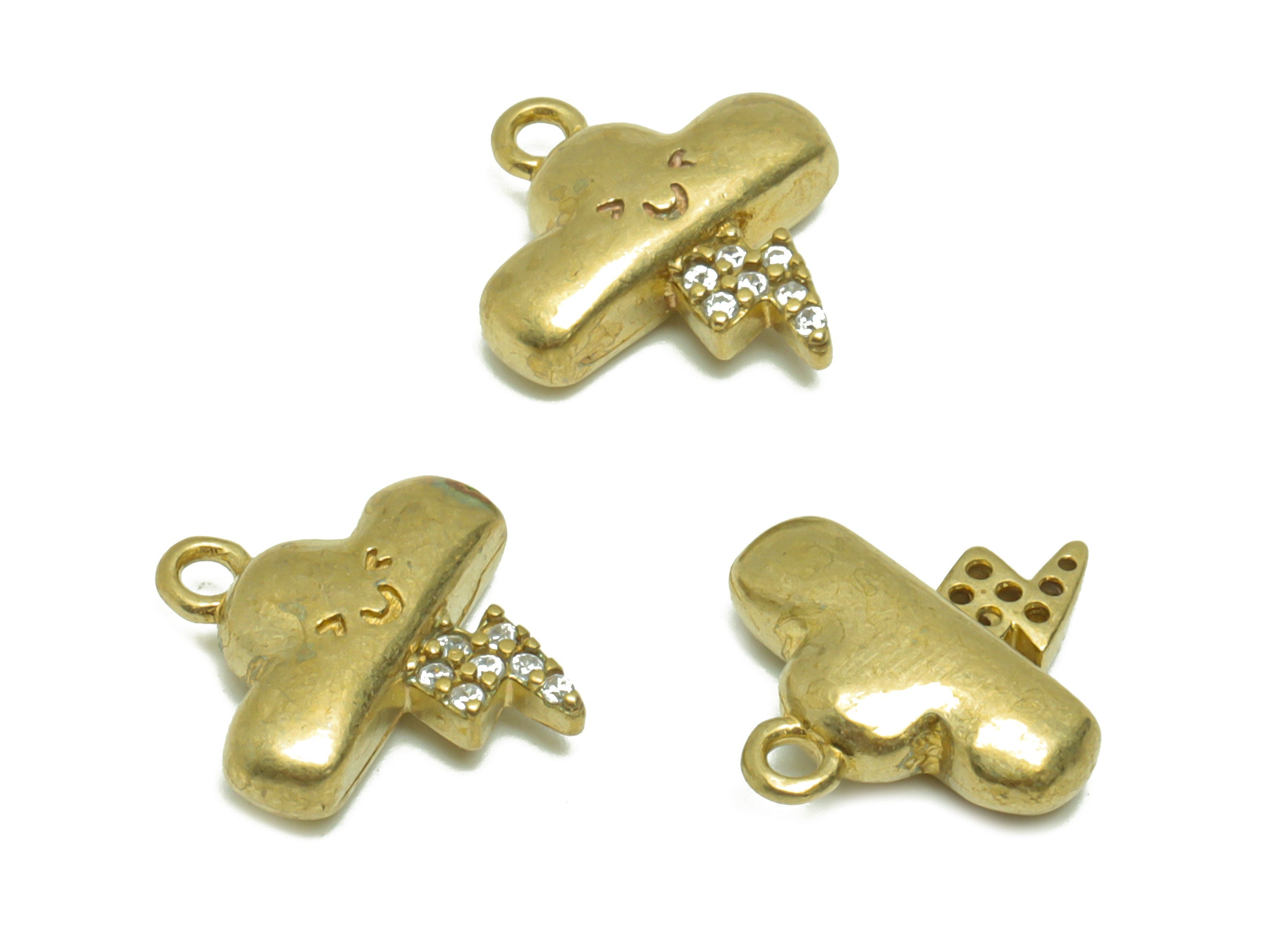 Brass Cloud Earring Charm - Raw Brass Clouds Face Pendant - Brass lightning Simal Face - Brass Zircon Earring Charms - 13.6x12x3mm - PP8674 - DOMEDBAZAAR