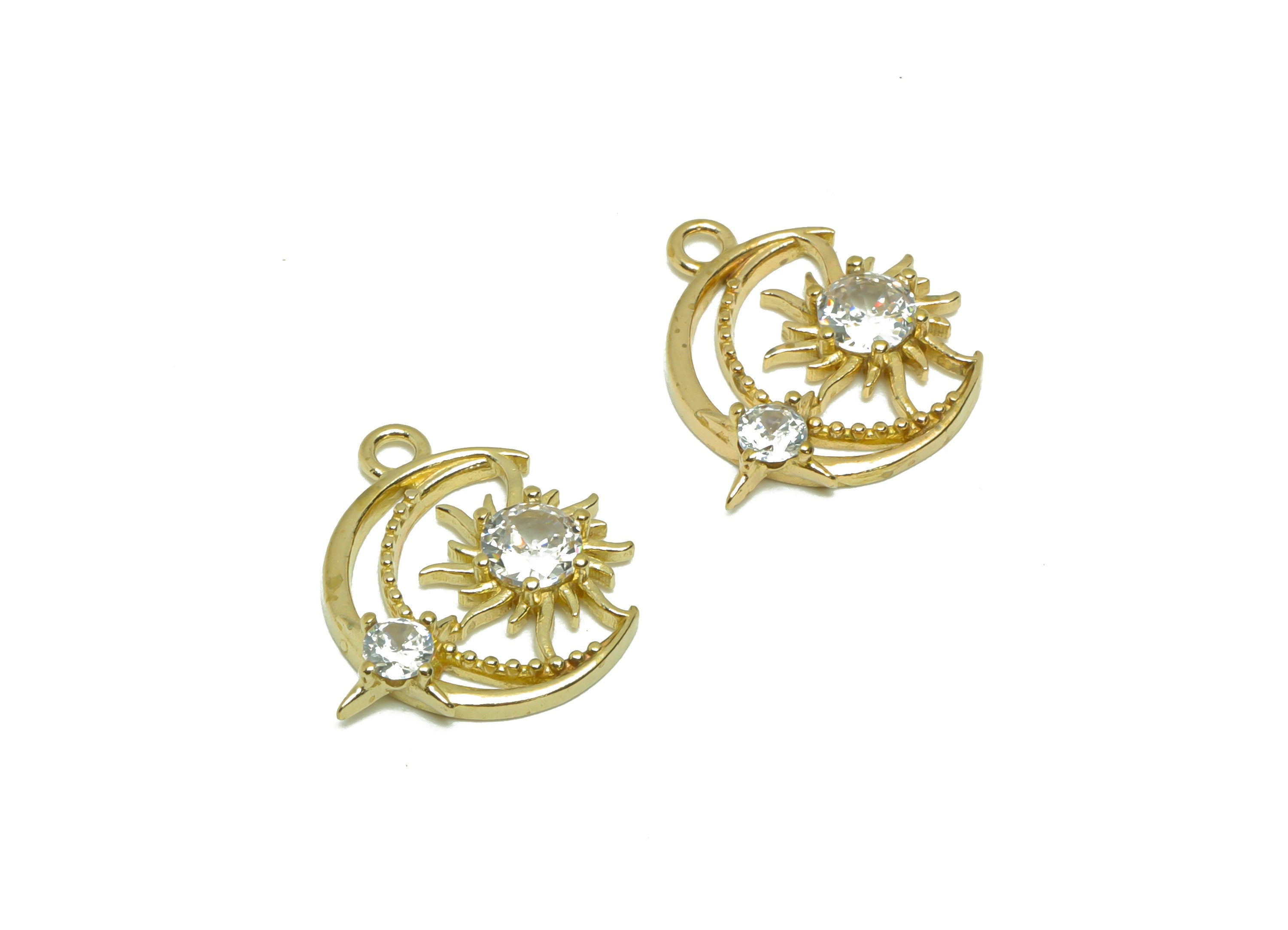 Brass Crescent Earring Charm - Raw Brass Sunshine Pendant - Brass Cubic Zircon Moon Sun Earring Charms - 12.81x6.62x2.61mm - PP8685 - DOMEDBAZAAR