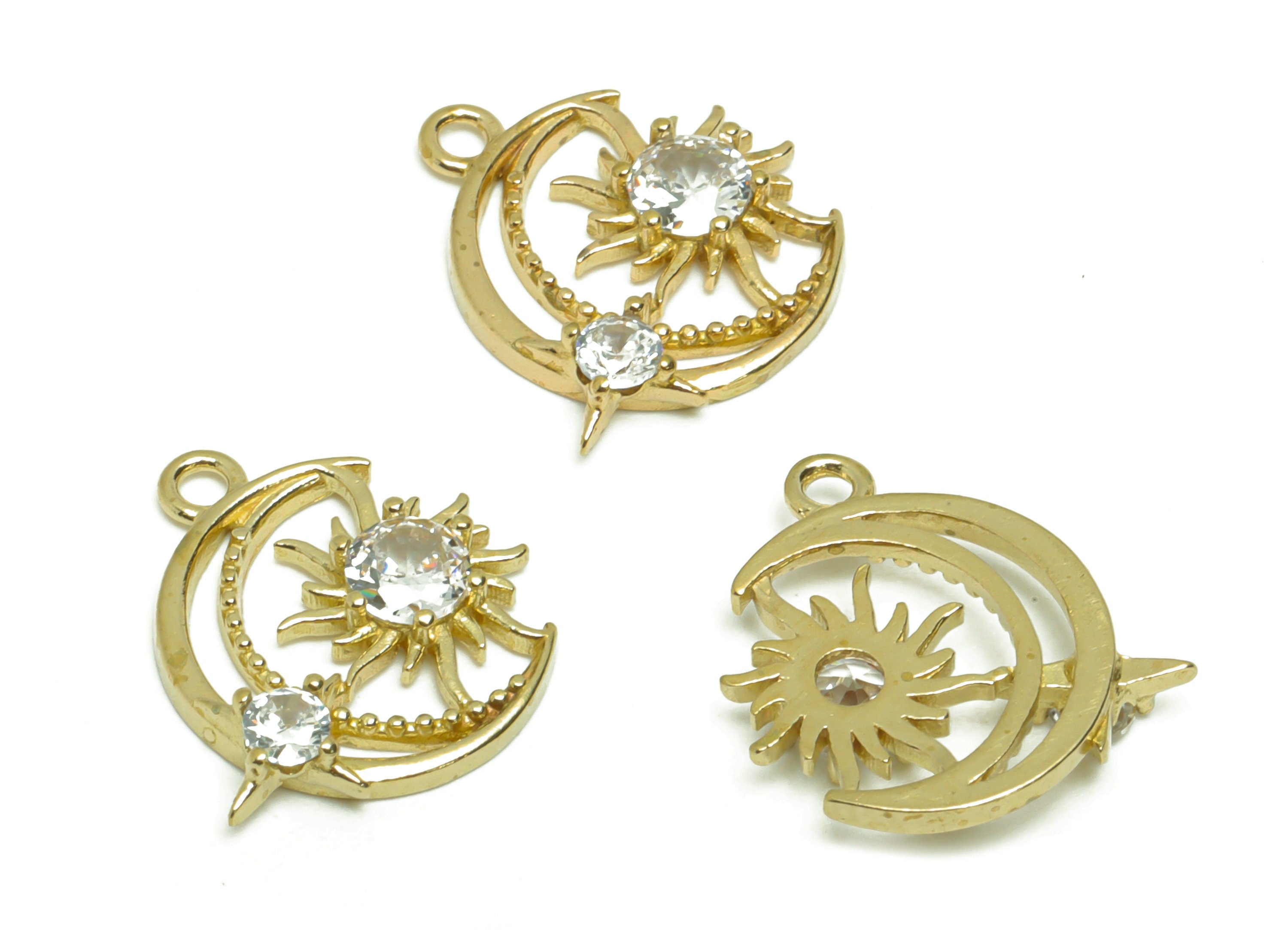 Brass Crescent Earring Charm - Raw Brass Sunshine Pendant - Brass Cubic Zircon Moon Sun Earring Charms - 12.81x6.62x2.61mm - PP8685 - DOMEDBAZAAR