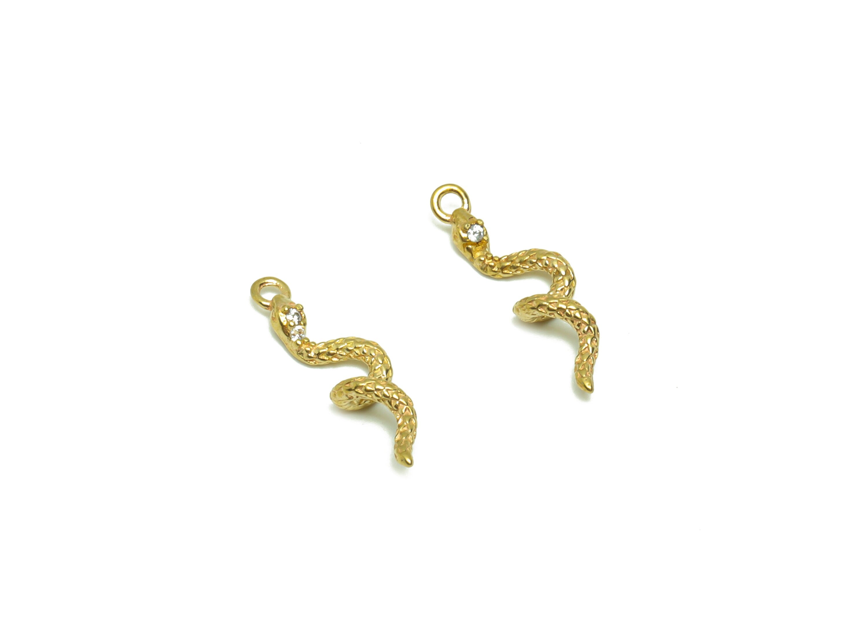 Brass Snake Earring Charm - Raw Brass Mini Snake Pendant - Cubic Zircon Animal Earring Charms - Baby Snake Earring Charm - 16x5x2mm - PP8699 - DOMEDBAZAAR