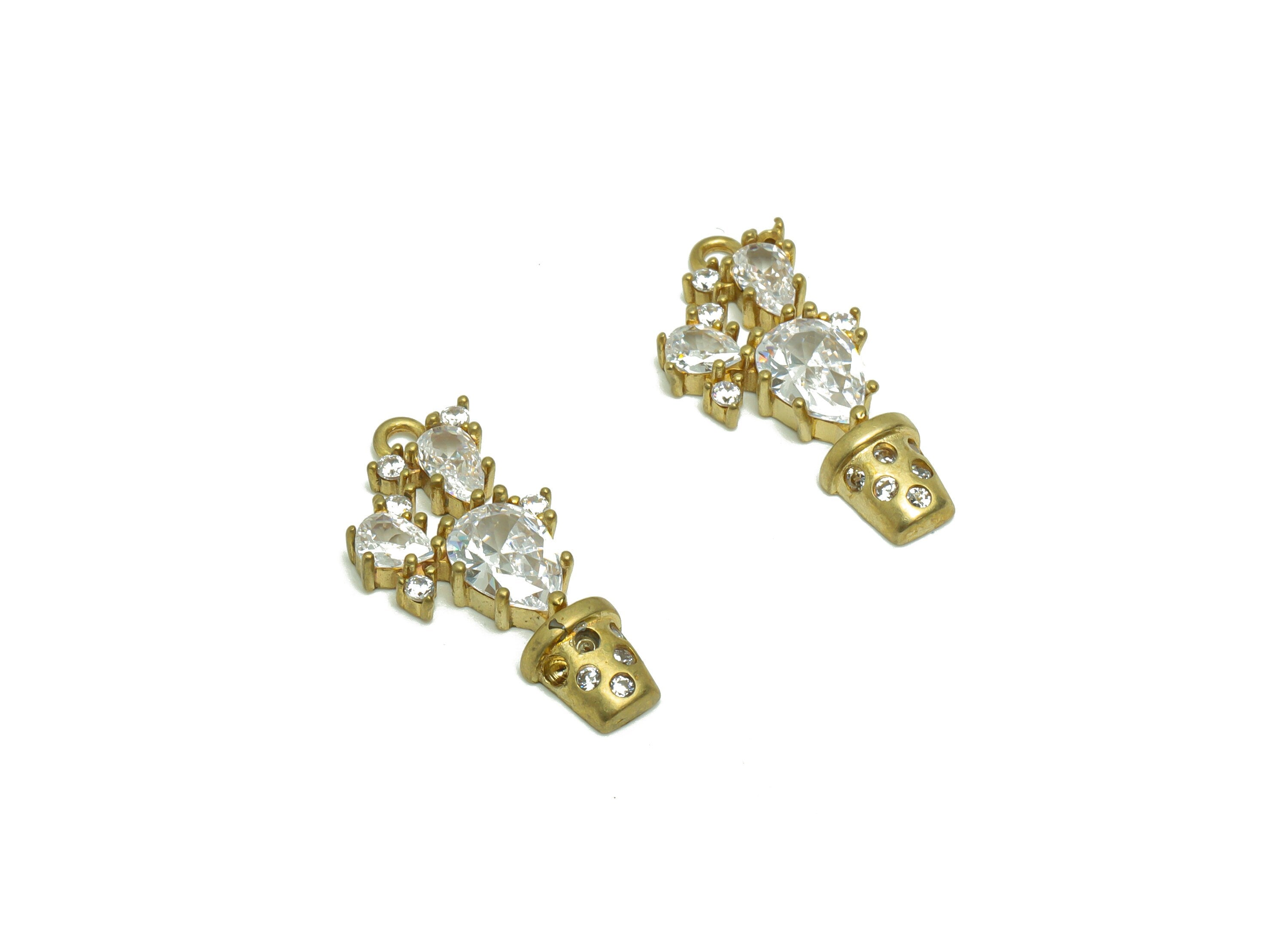 Brass Floral Earring Charm - Raw Brass Potted Plant Pendant - Cubic Zircon Earring Charms - Brass Drop Earring Charm - 21x10x3.42mm- PP8701 - DOMEDBAZAAR