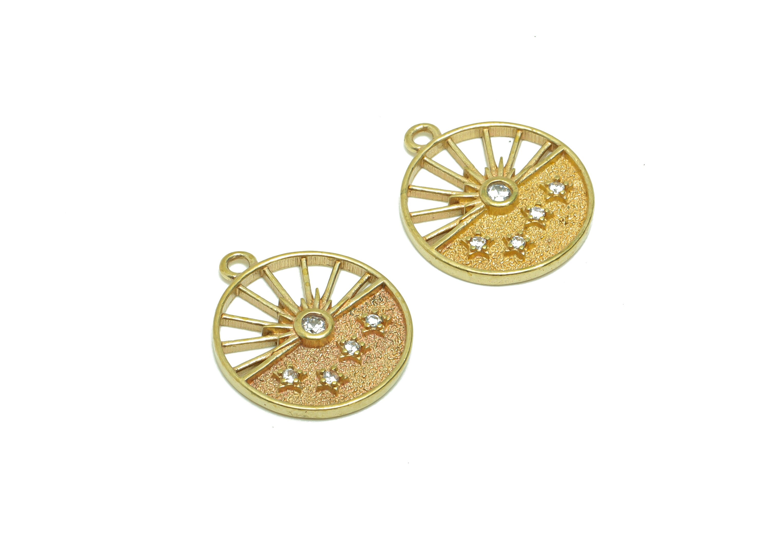 Brass Sunshine Earring Charm - Raw Brass Sunshine Pendant - Brass Star Cubic Zircon Earring Charms - Brass Sun Charm - 17x14.99x2mm- PP8689 - DOMEDBAZAAR