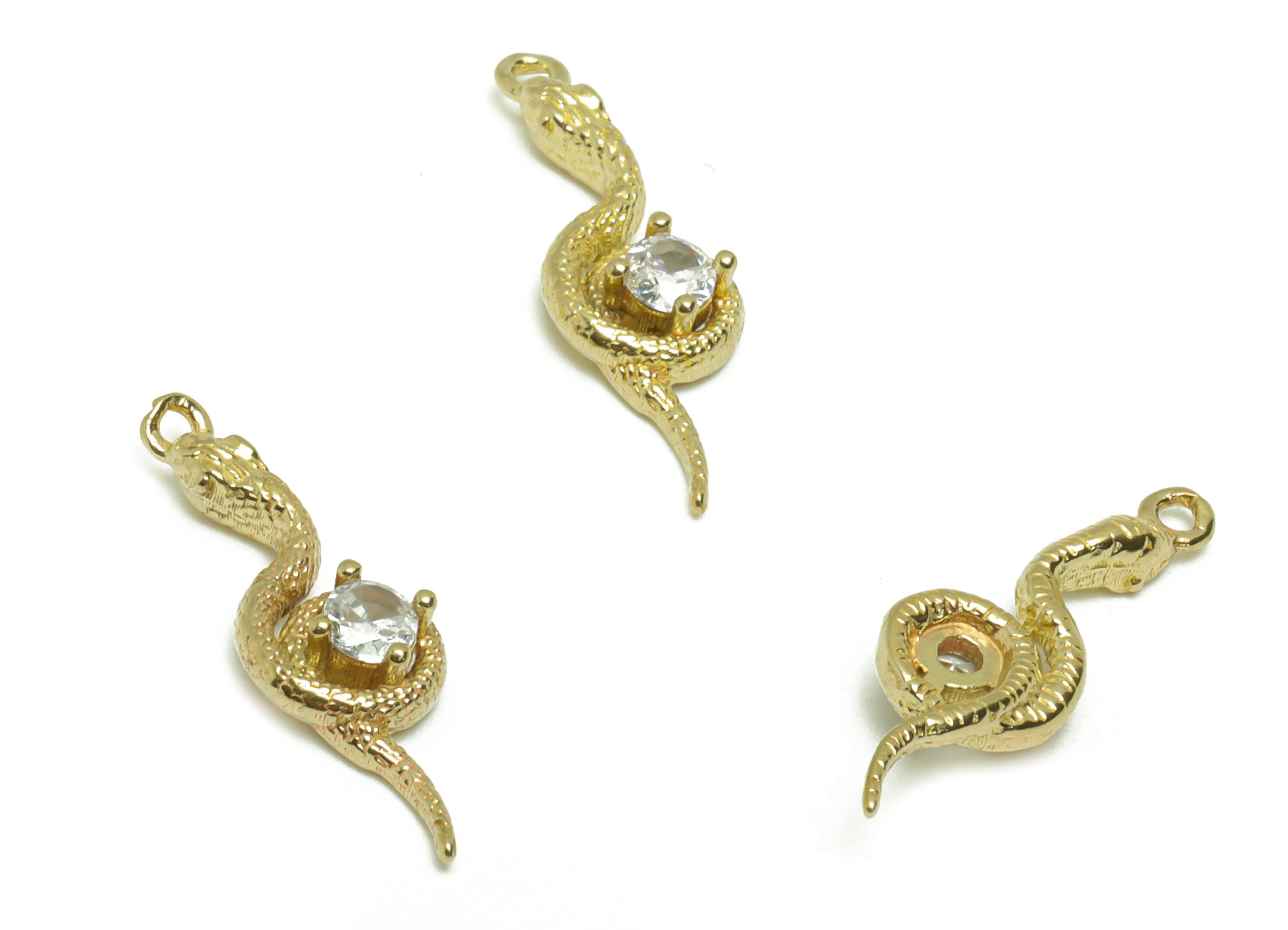 Brass Snake Earring Charm - Raw Brass Snake Pendant - Brass Cubic Zircon Earring Charms - Brass Baby Snake Charm - 20x6x3.38mm- PP8679 - DOMEDBAZAAR