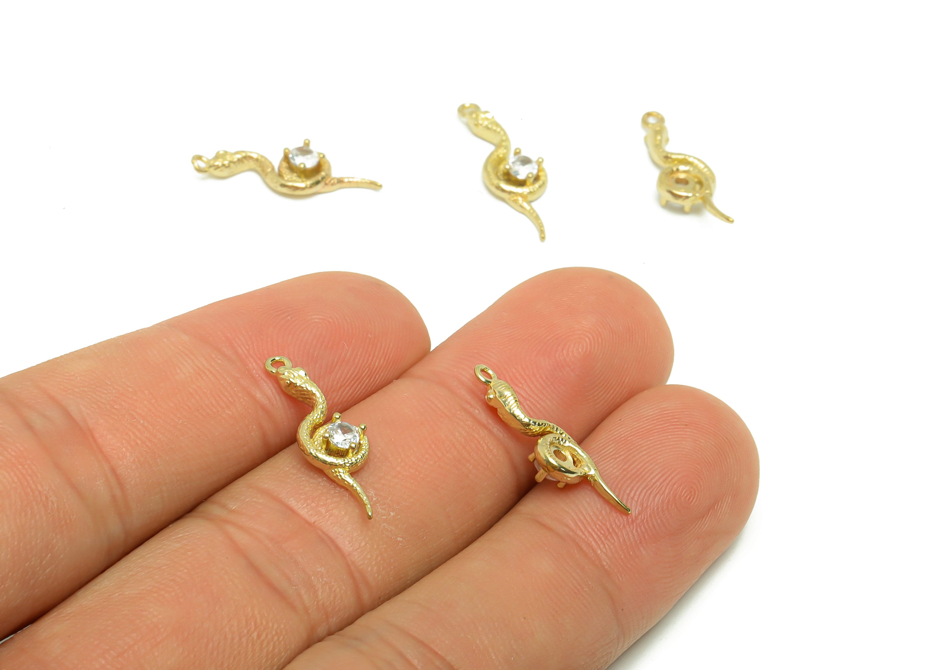 Brass Snake Earring Charm - Raw Brass Snake Pendant - Brass Cubic Zircon Earring Charms - Brass Baby Snake Charm - 20x6x3.38mm- PP8679 - DOMEDBAZAAR