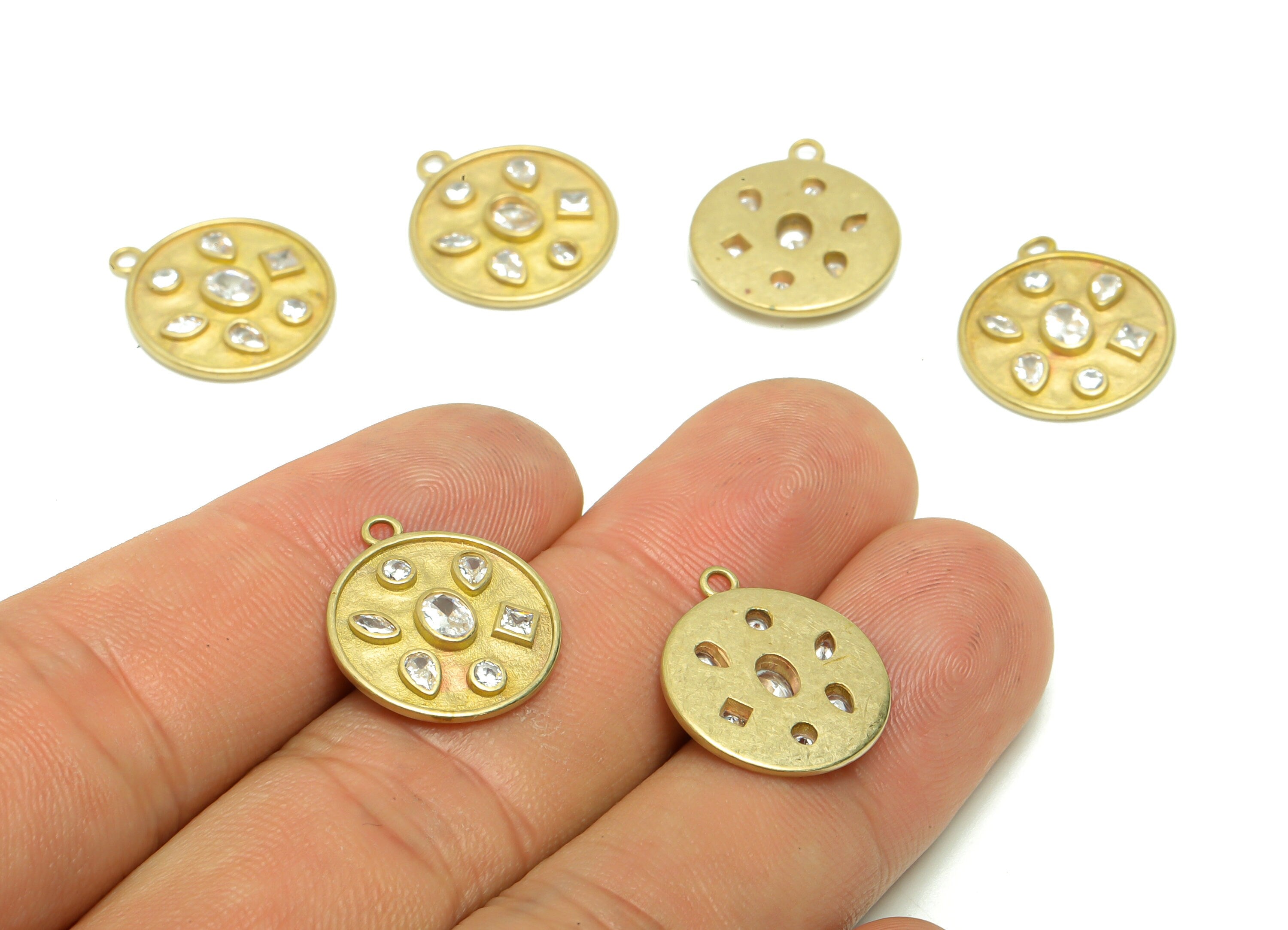 Brass Round Earring Charm - Raw Brass Marquise Pendant - Brass Cubic Zircon Earring Charms - Brass Geometry Shapes Charm - 17x15x2mm- PP8704 - DOMEDBAZAAR