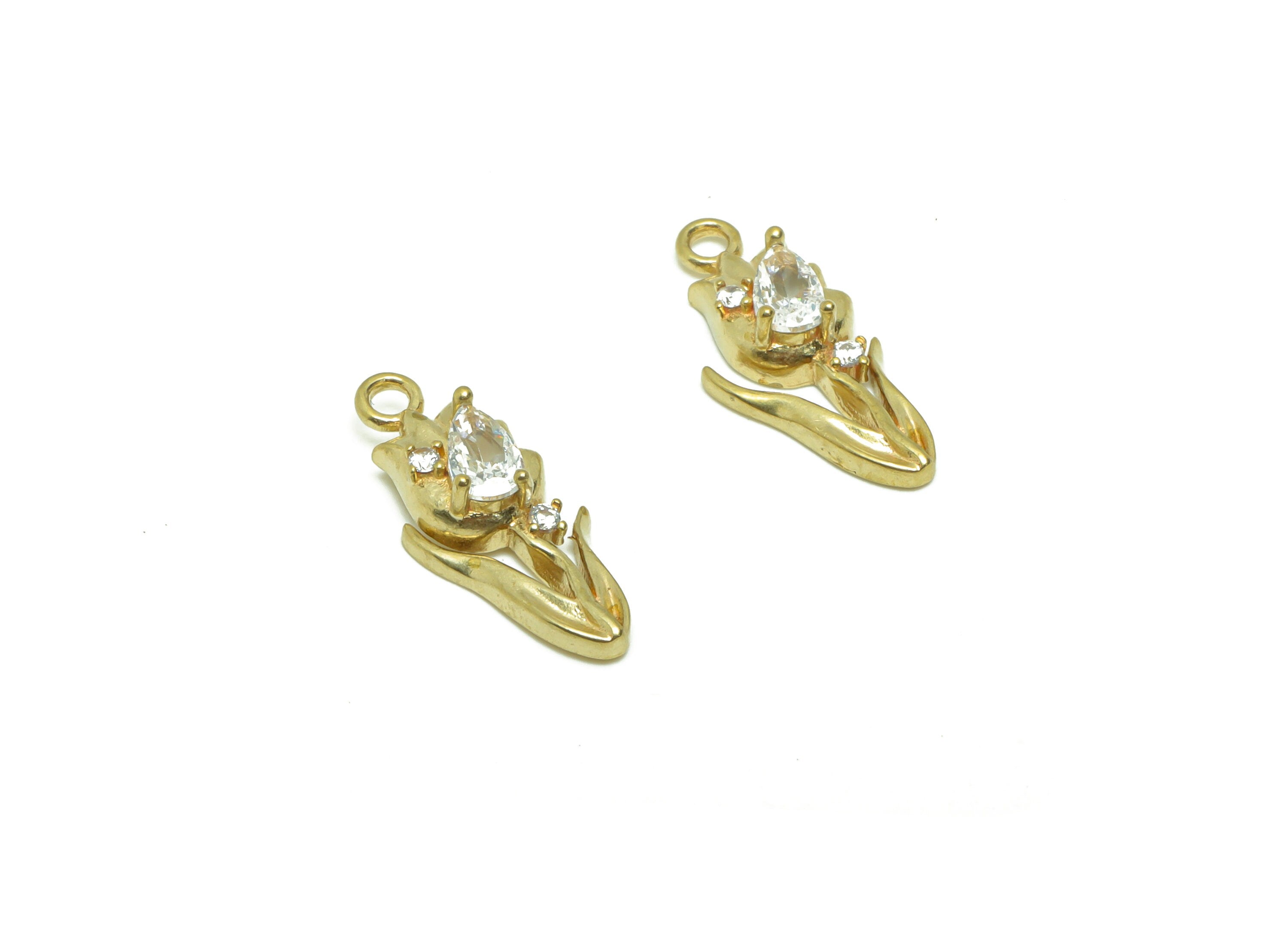 Brass Tulip Earring Charm - Raw Brass Flower Pendant - Brass Cubic Zircon Tulip Earring Charms - Brass Botanical Charm -16.66x7x4mm- PP8673 - DOMEDBAZAAR