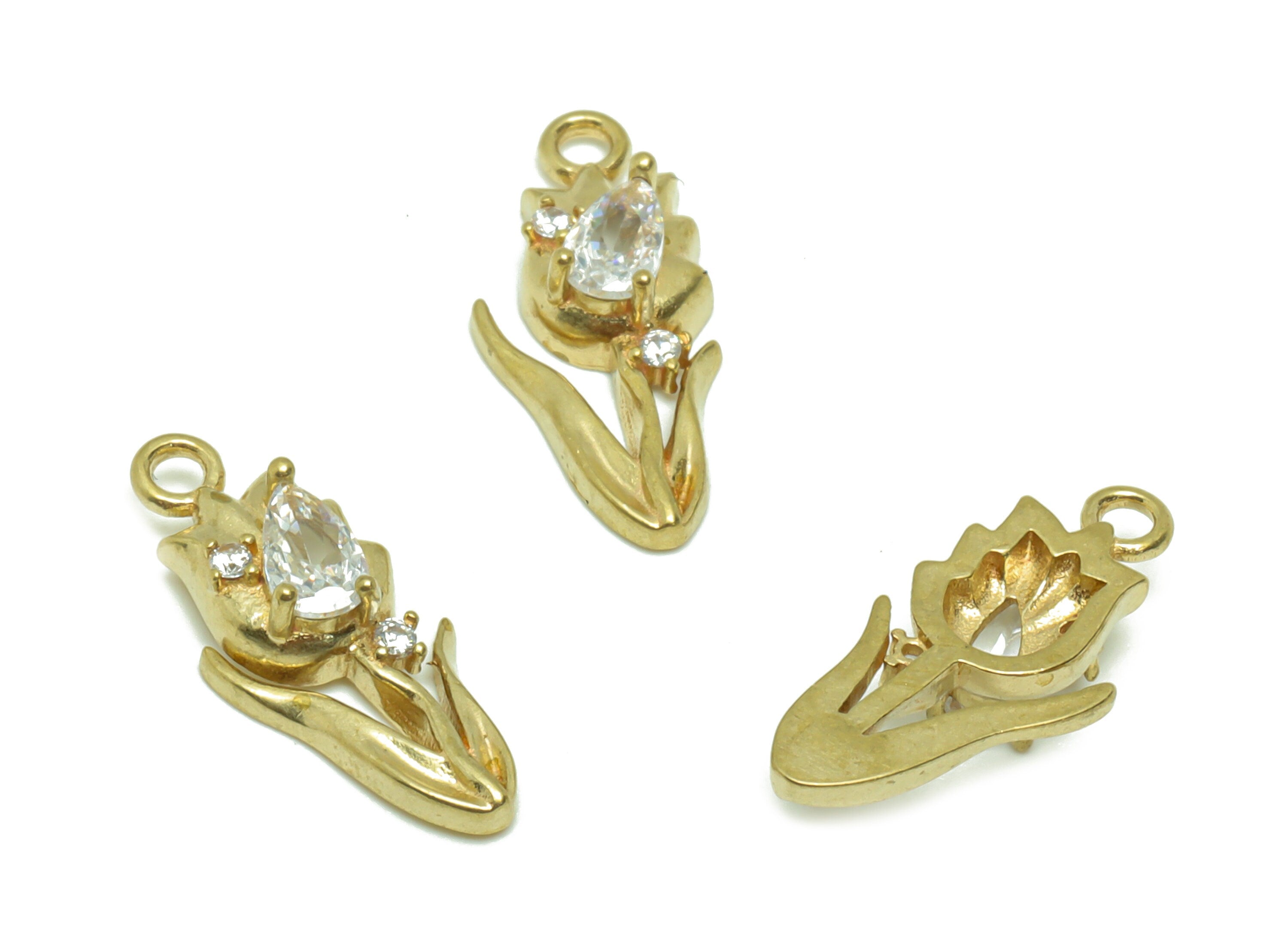 Brass Tulip Earring Charm - Raw Brass Flower Pendant - Brass Cubic Zircon Tulip Earring Charms - Brass Botanical Charm -16.66x7x4mm- PP8673 - DOMEDBAZAAR
