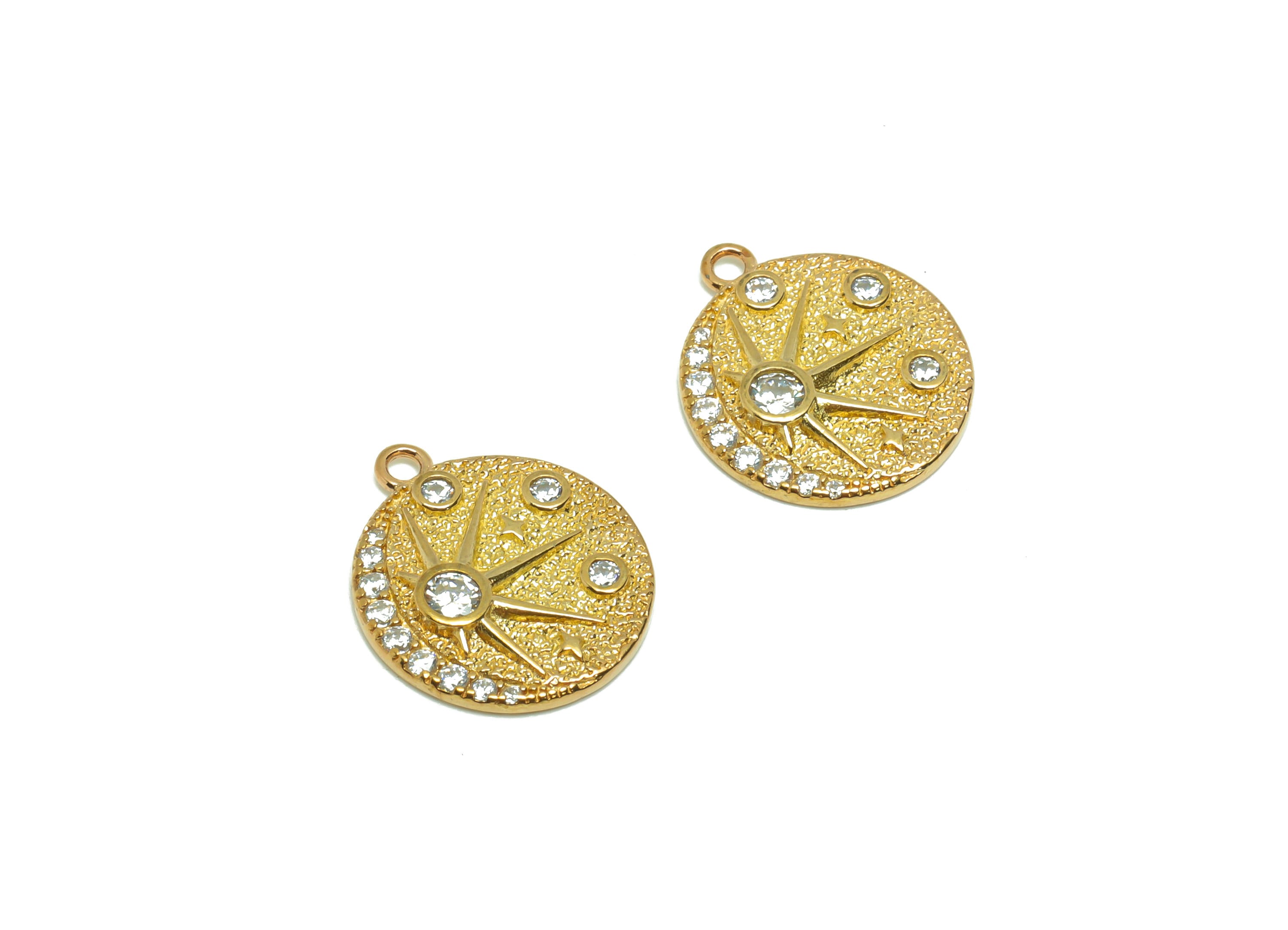 Brass Round Earring Charm - Raw Brass Sunshine Pendant - Brass Cubic Zircon Sun Earring Charms - Brass Textured Charm - 17.22x14x2mm- PP8688 - DOMEDBAZAAR