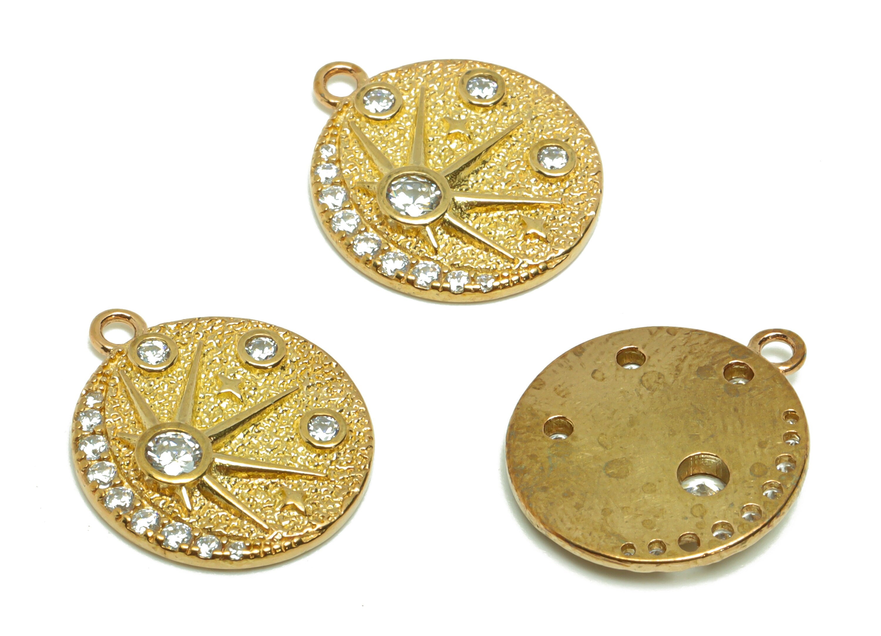 Brass Round Earring Charm - Raw Brass Sunshine Pendant - Brass Cubic Zircon Sun Earring Charms - Brass Textured Charm - 17.22x14x2mm- PP8688 - DOMEDBAZAAR