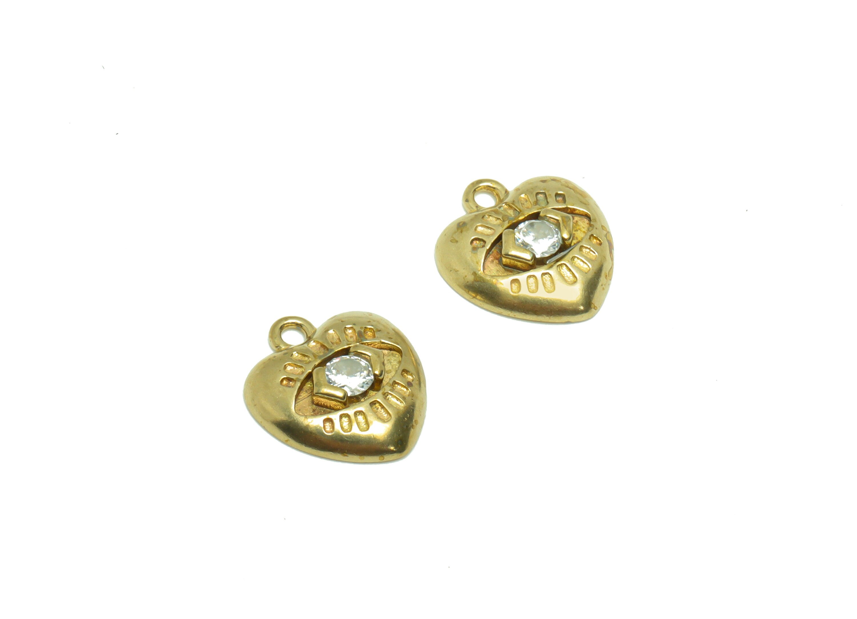 Brass Heart Earring Charm - Raw Brass Eyelash Pendant - Cubic Zircon Heart Eye Earring Charms - Brass Eye Charm - 12.41x11.26x2.76mm- PP8692 - DOMEDBAZAAR