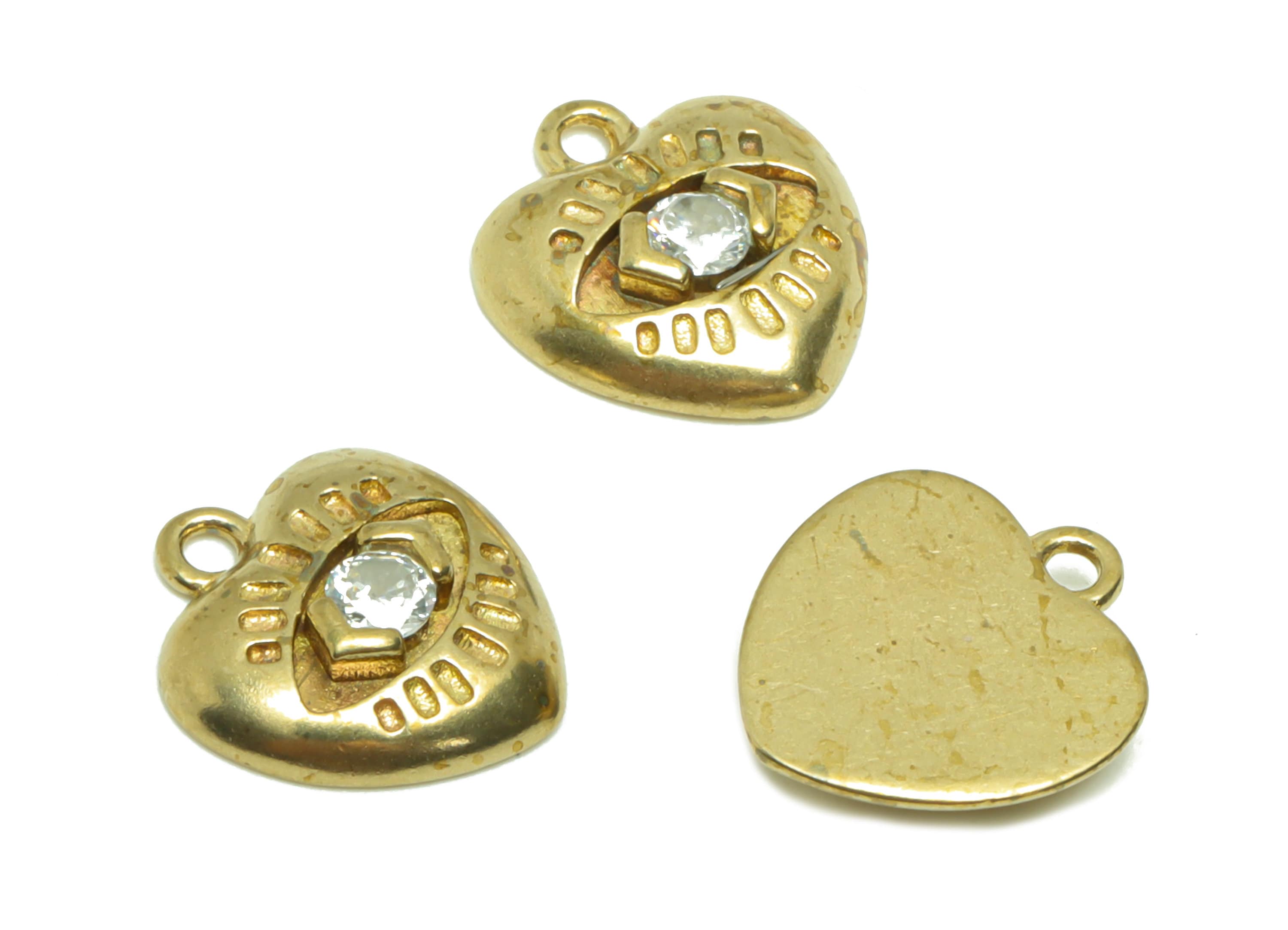 Brass Heart Earring Charm - Raw Brass Eyelash Pendant - Cubic Zircon Heart Eye Earring Charms - Brass Eye Charm - 12.41x11.26x2.76mm- PP8692 - DOMEDBAZAAR