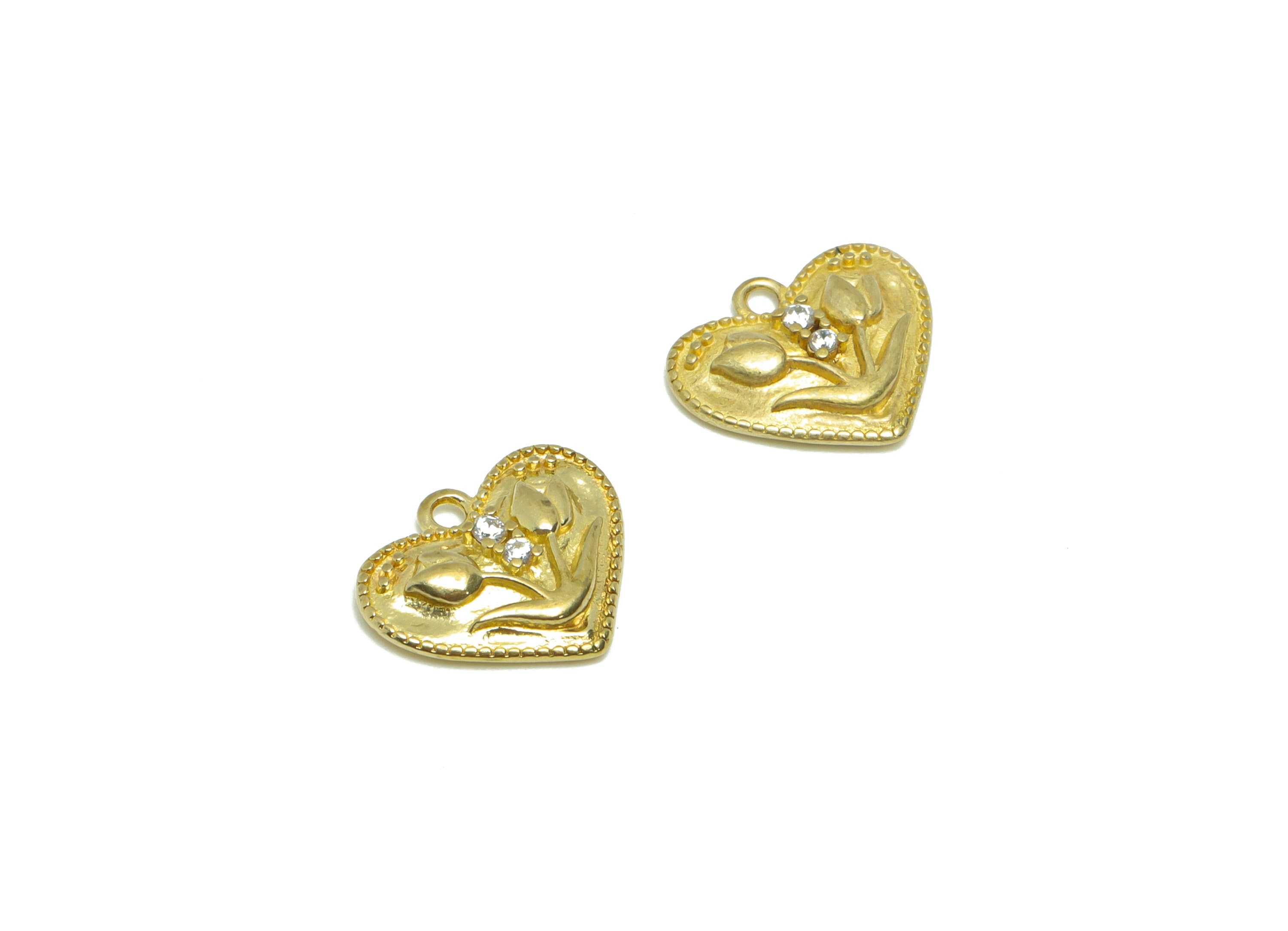 Brass Tulip Earring Charm - Raw Brass Heart Tulip Pendant - Cubic Zircon Tulip Earring Charms - Brass Botanical Charm -11x13.56x2mm- PP8684 - DOMEDBAZAAR