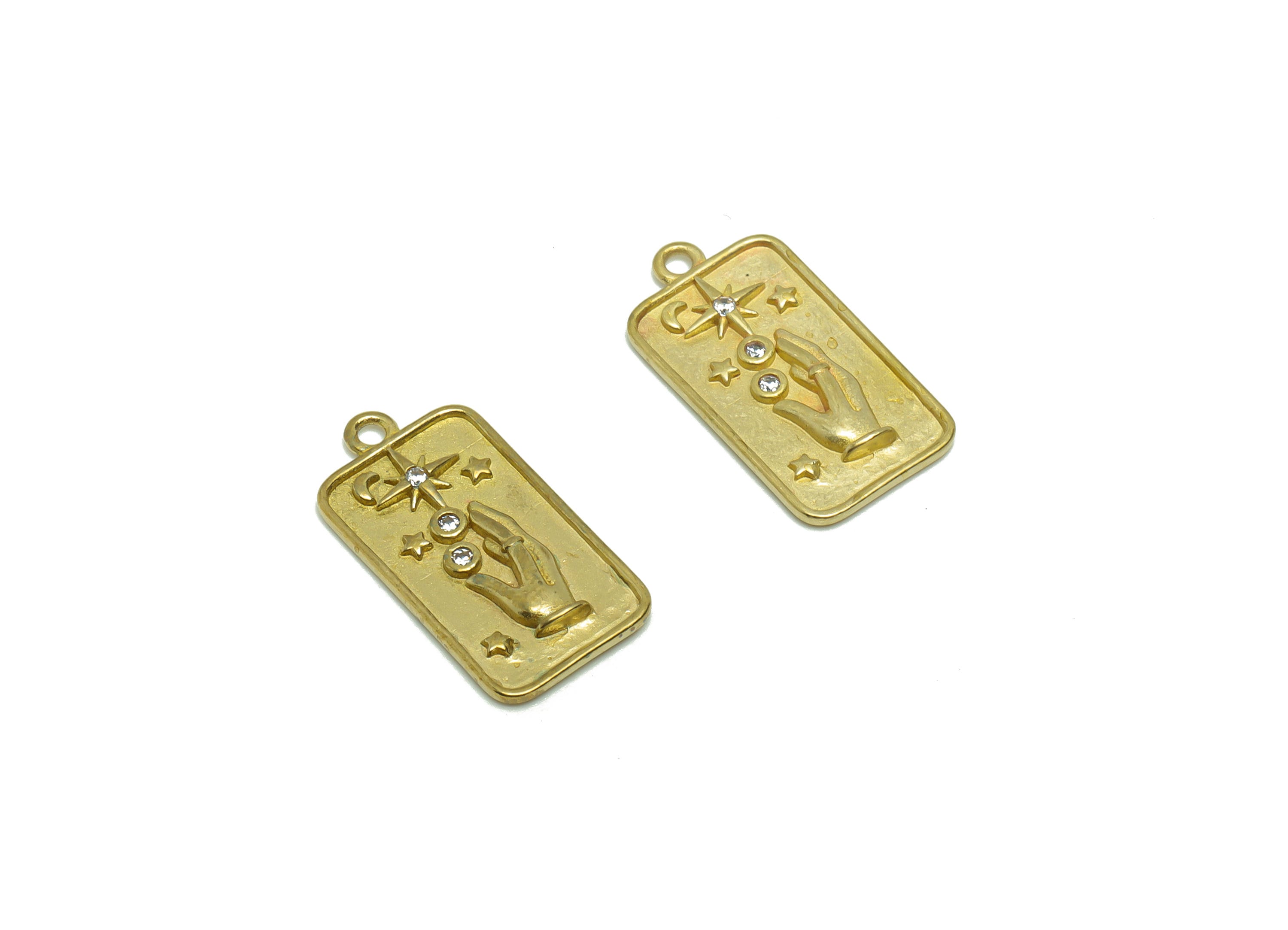 Brass Hand Signs Earring Charm - Raw Brass Rectangle Pendant - Cubic Zircon Star Crescent Earring Charm - Space Charm - 19.7x10x1mm - PP8705 - DOMEDBAZAAR