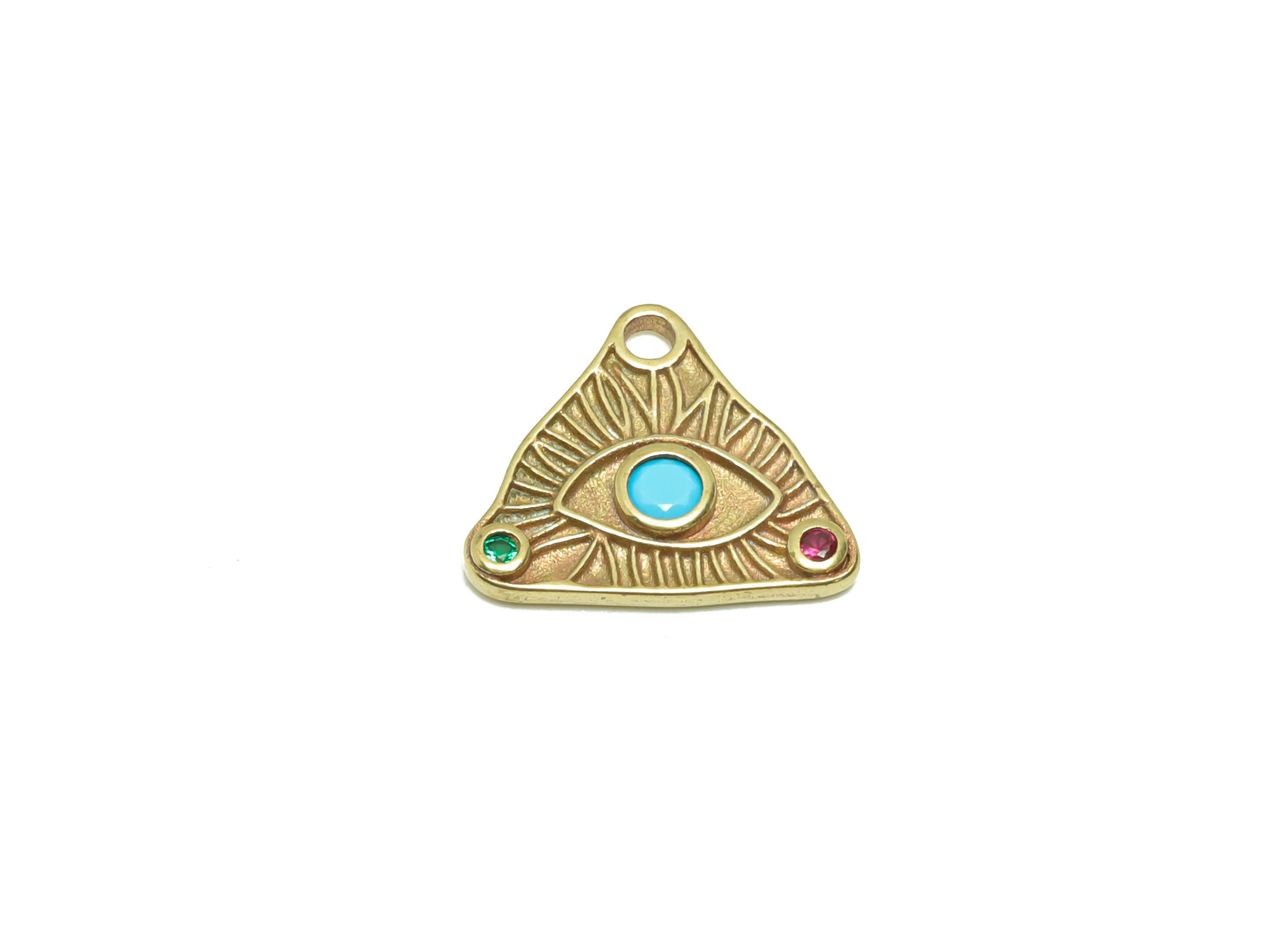 Brass Triangle Eye Earring Charm - Cubic Zircon Pyramid Eye Earring Charm - Raw Brass Blue Eye Pendant - Eyelash Charm - 13x15x2mm - PP8662 - DOMEDBAZAAR