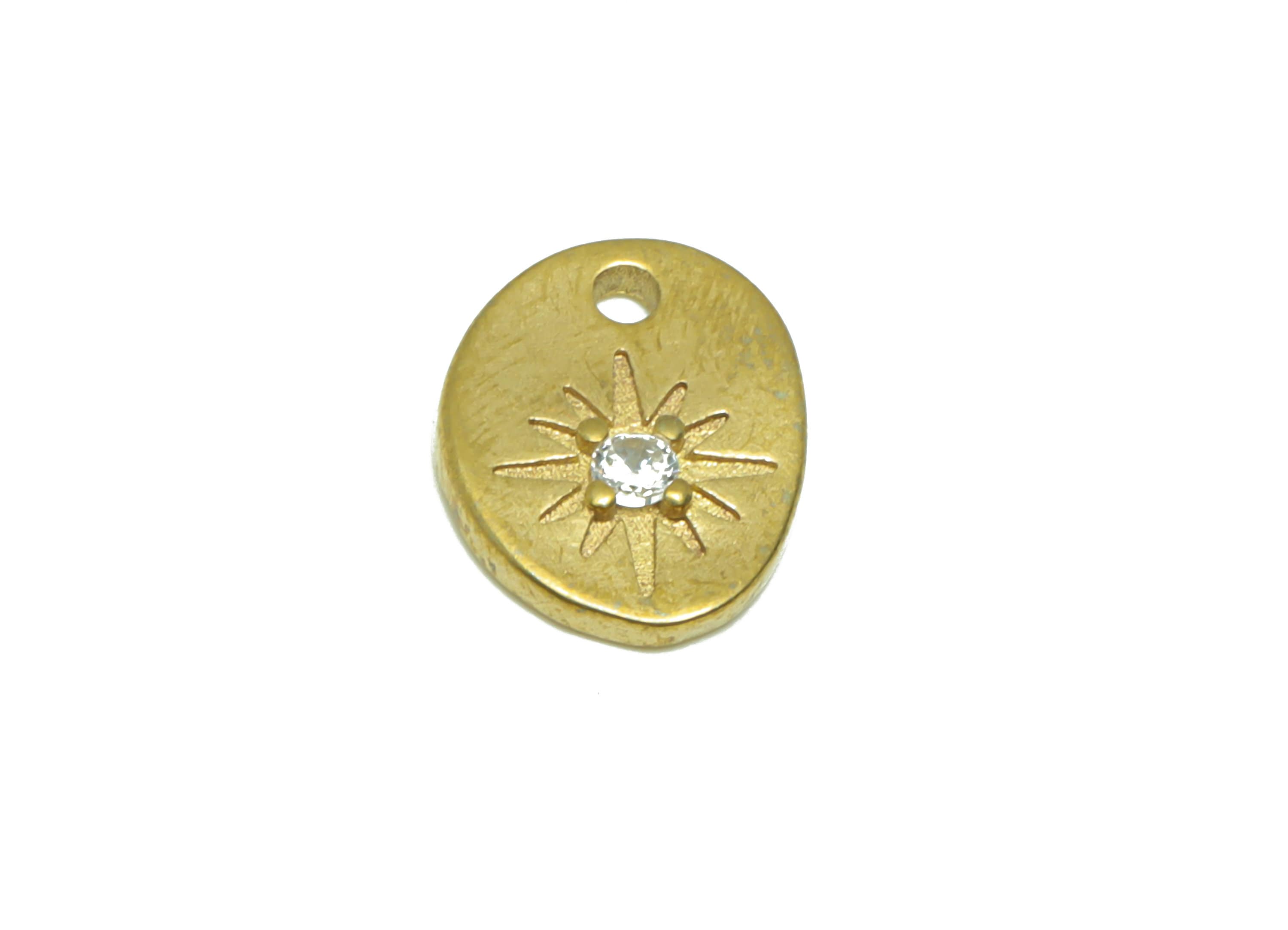 Brass Star Earring Charm - Cubic Zircon Oval Star Earring Charm - Raw Brass Star Pendant - Brass Sun Charm - 12.12x9.57x2.11mm - PP8669 - DOMEDBAZAAR