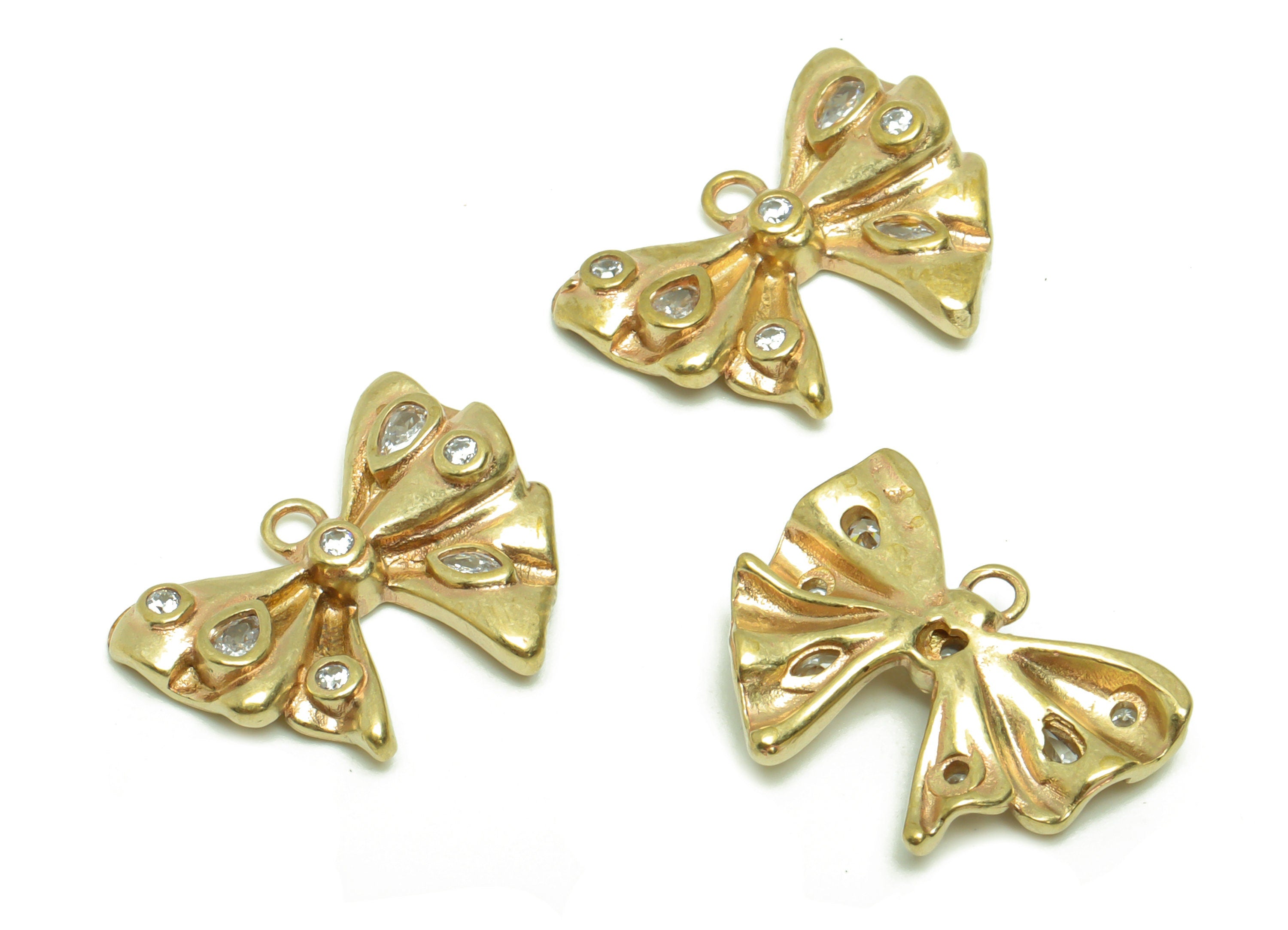 Brass Bow Tie Earring Charm - Cubic Zircon Butterfly Earring Charm - Raw Brass Bow Tie Pendant - Cubic Bow Tie Charm - 14.95x18x3mm - PP8702 - DOMEDBAZAAR
