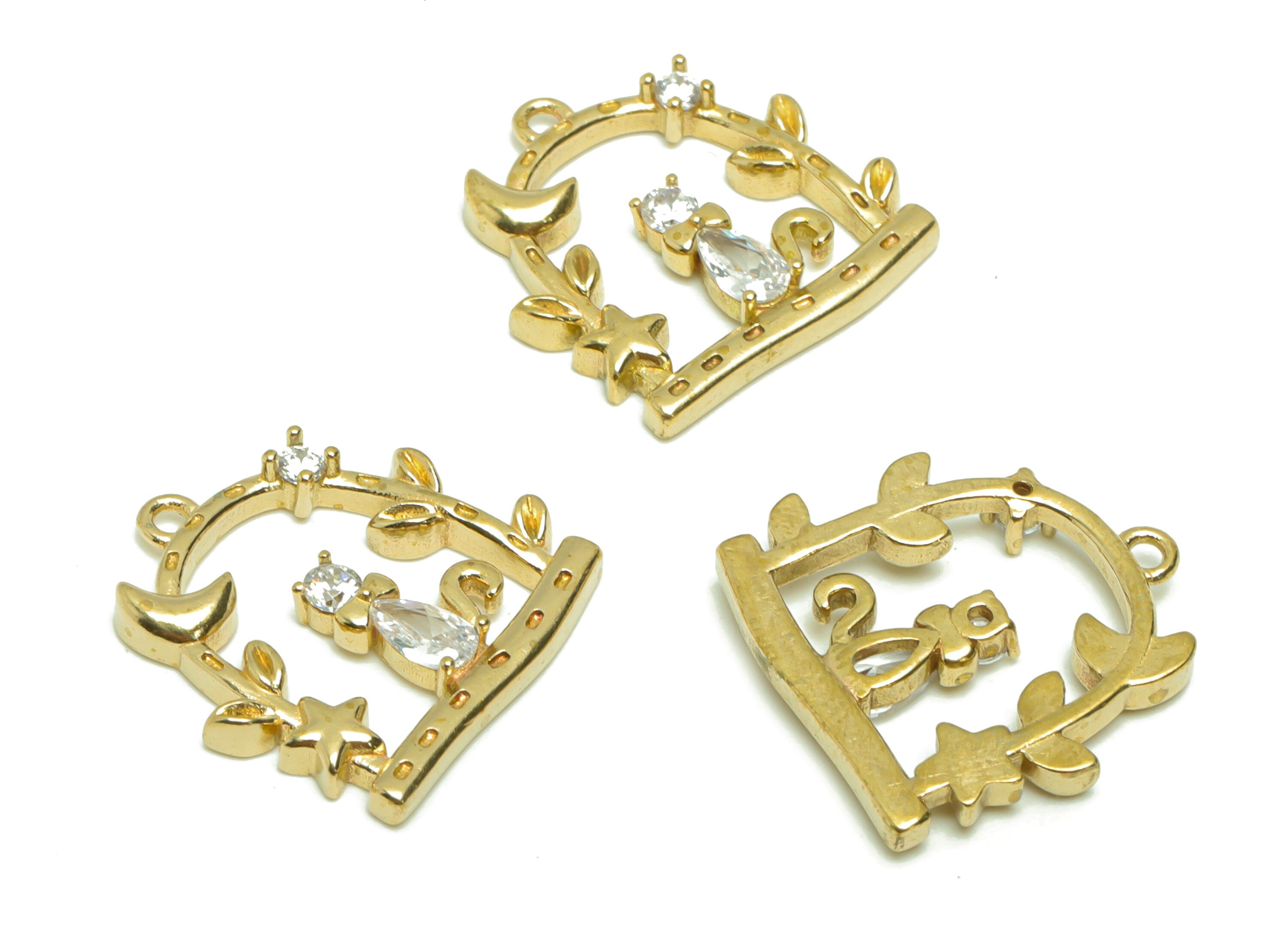 Brass Cat Moon Earring Charm - Zircon Star Garden Earring Charm - Brass Cat Crescent Domed Pendant - Branch Pet Charm - 18x17x2mm - PP8672 - DOMEDBAZAAR