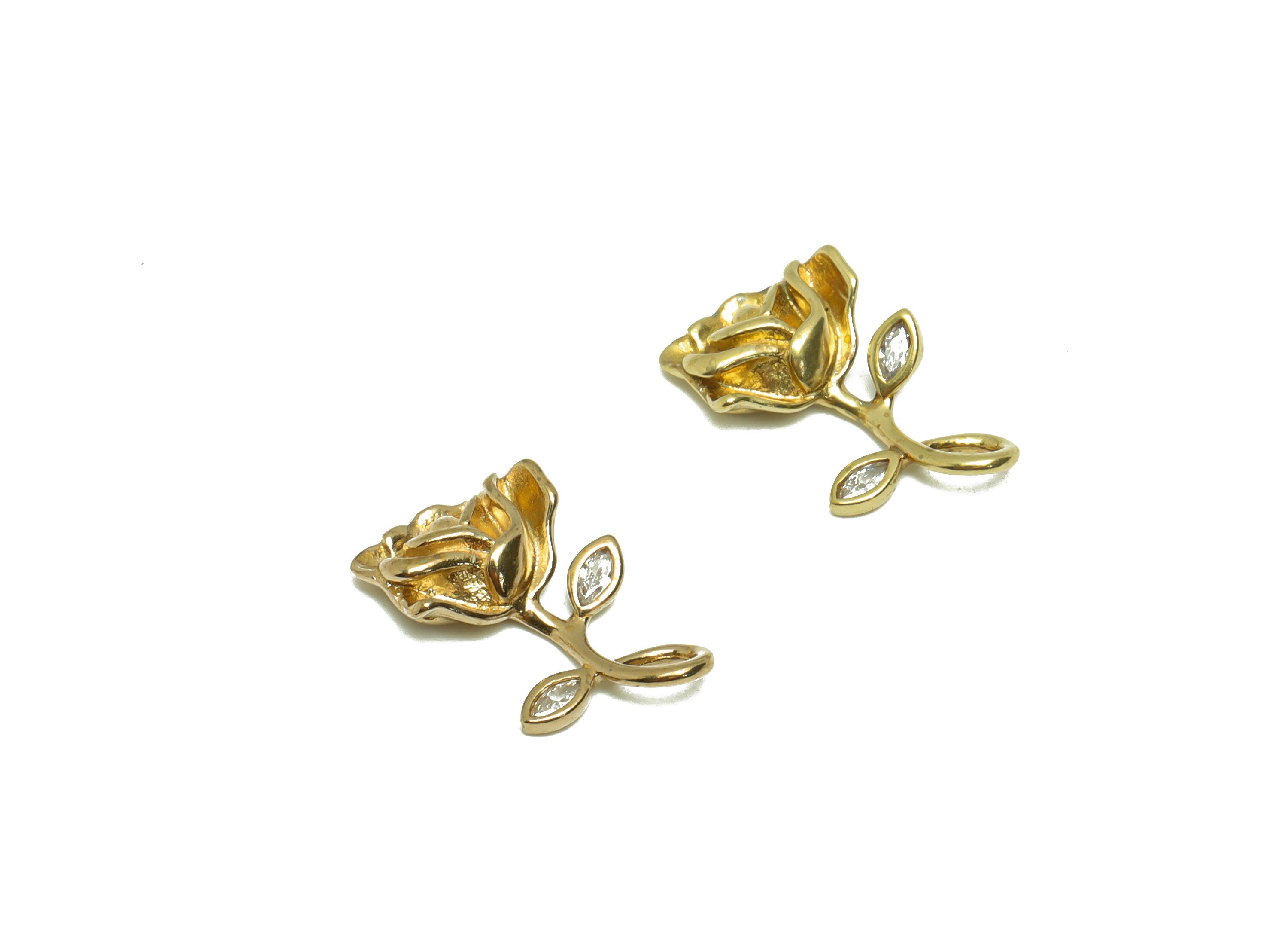 Brass Rose Earring Charm - Zircon Rose Earring Charm - Raw Brass Botanical Pendant -Brass Flower Charm - 16.97x9.63x3.28mm - PP8677 - DOMEDBAZAAR