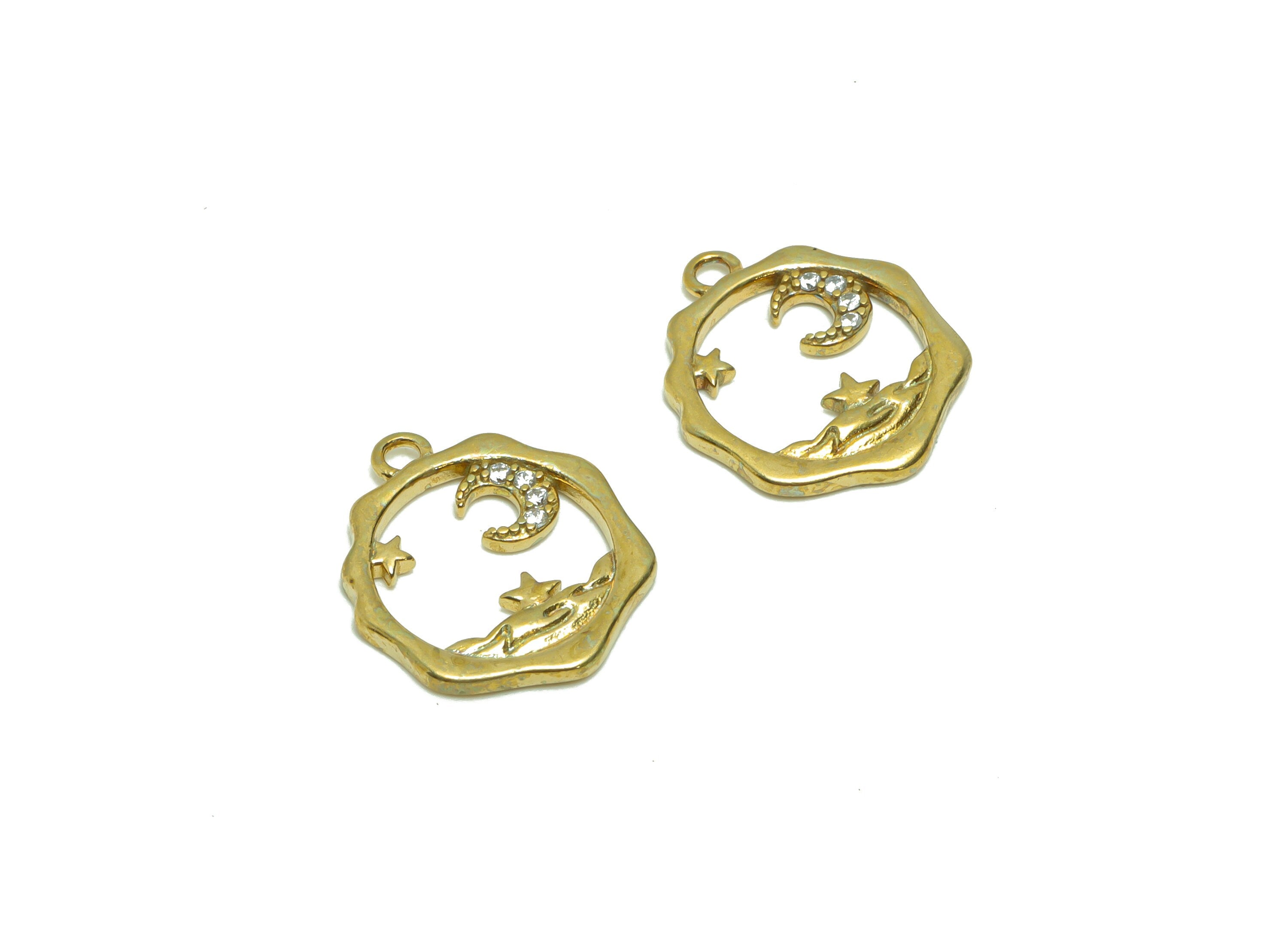 Brass Crescent Earring Charm - Zircon Starry Sky Earring Charm - Raw Brass Moon Pendant - Brass Space Charm - 15.82x14.07x1.57mm - PP8696 - DOMEDBAZAAR