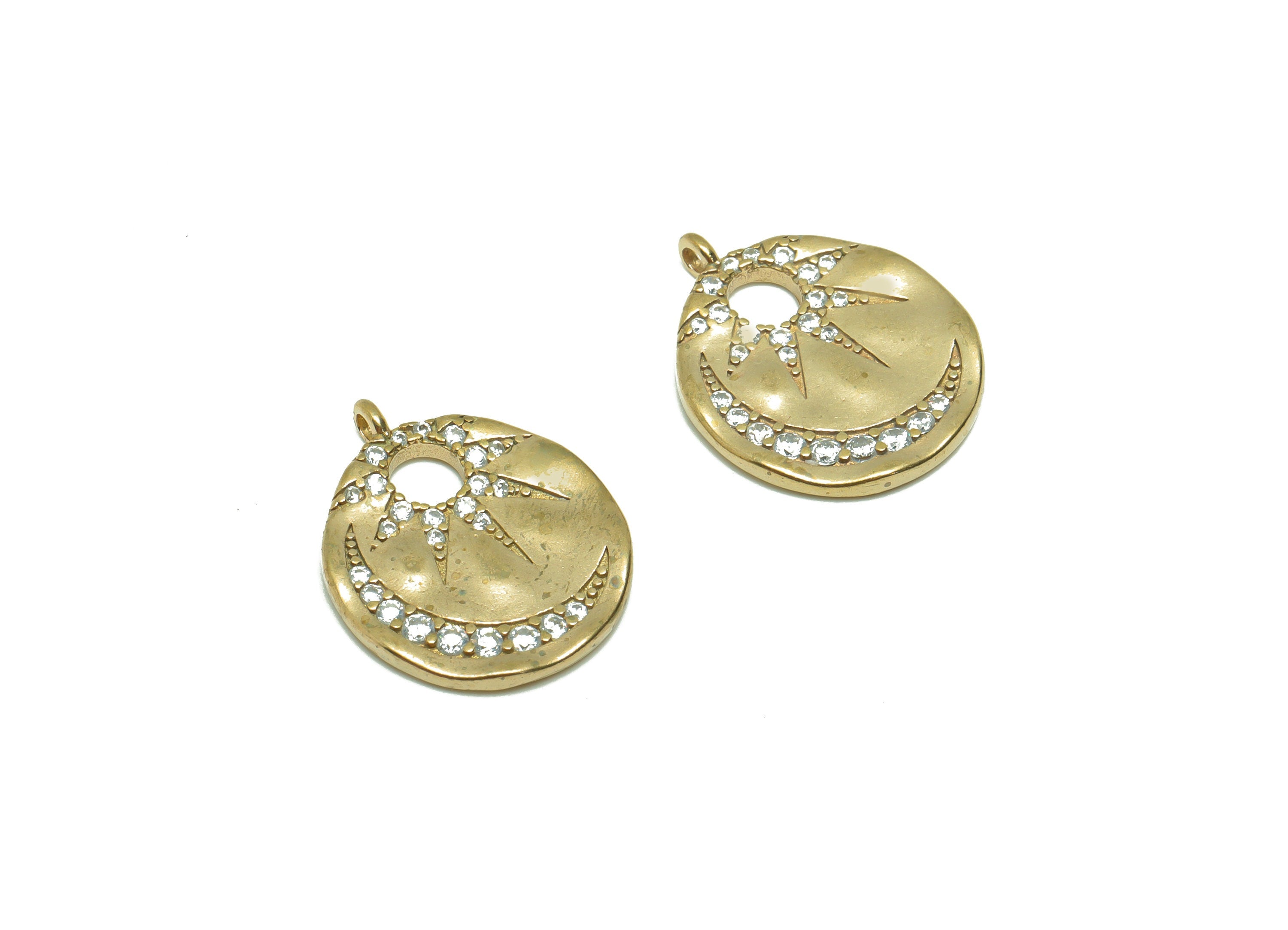 Brass Crescent Earring Charm - Brass Zircon Moon Hollow Earring Charm - Raw Brass Sunshine Pendant - Brass Sun Pendant - 19x16x1mm - PP8666 - DOMEDBAZAAR