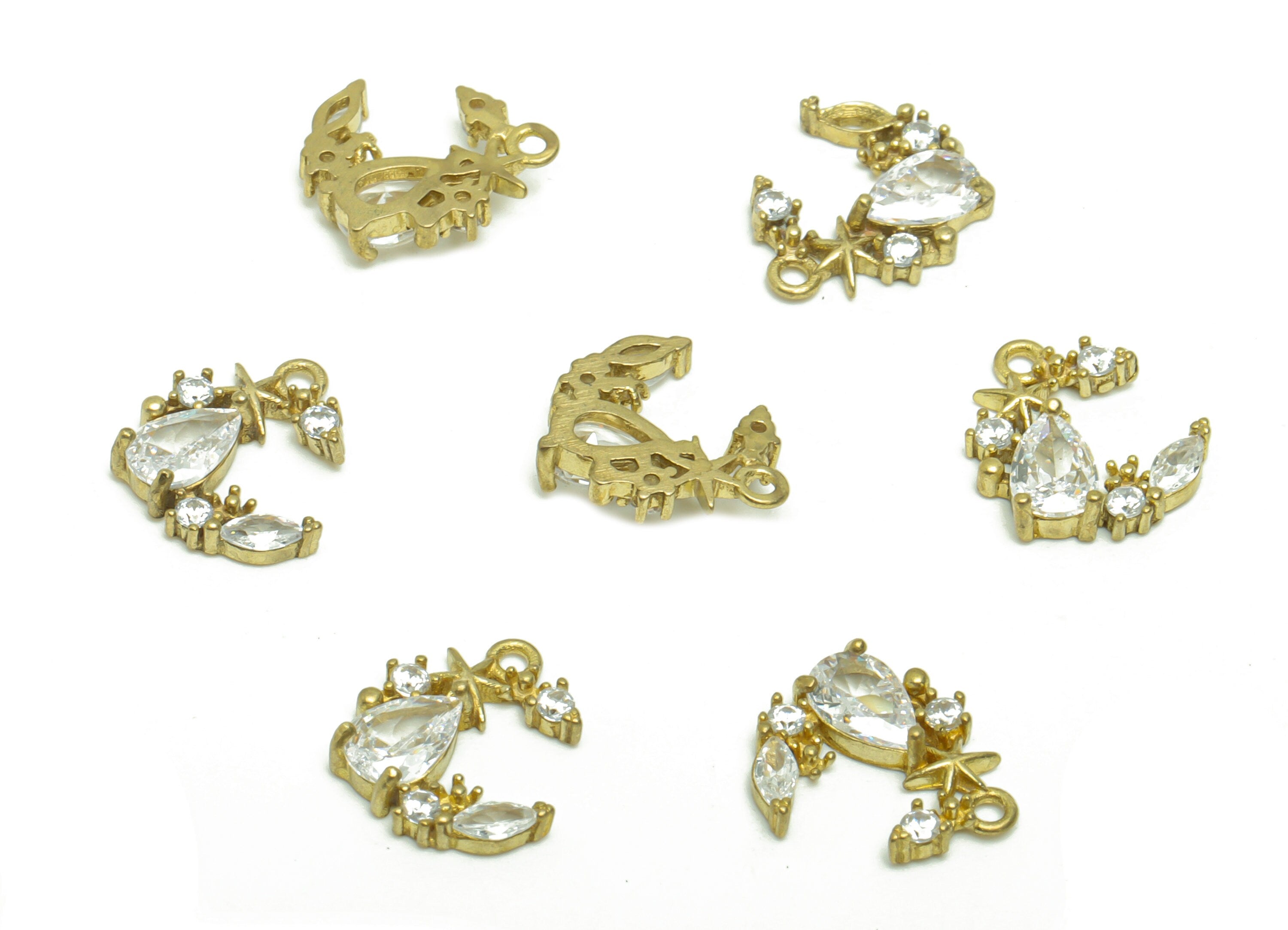 Brass CZ Crescent Earring Charm - Brass Zircon Star Teardrop Earring Charm - Brass Marquise Open Hoop Zircon Pendant - 12x10x3mm - PP8676 - DOMEDBAZAAR