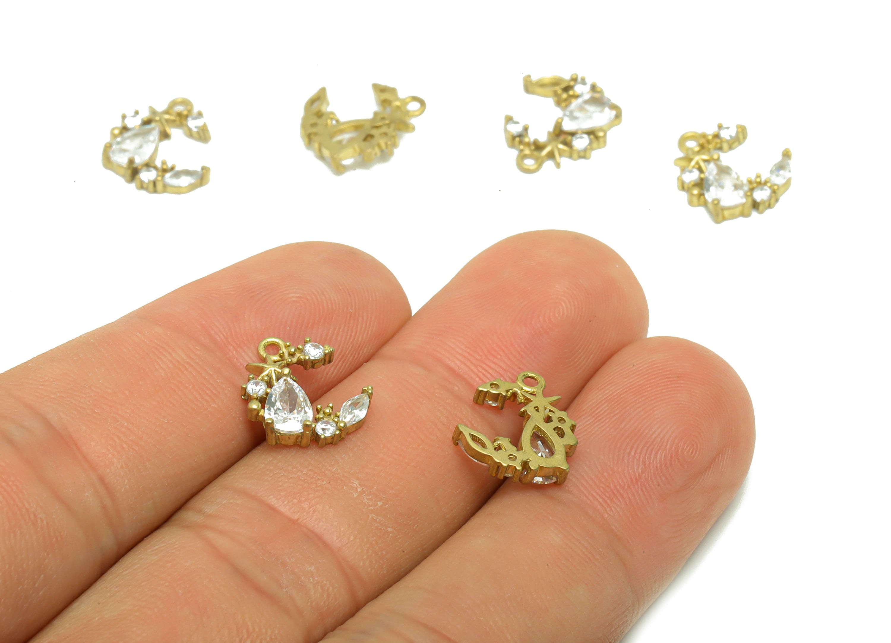 Brass CZ Crescent Earring Charm - Brass Zircon Star Teardrop Earring Charm - Brass Marquise Open Hoop Zircon Pendant - 12x10x3mm - PP8676 - DOMEDBAZAAR