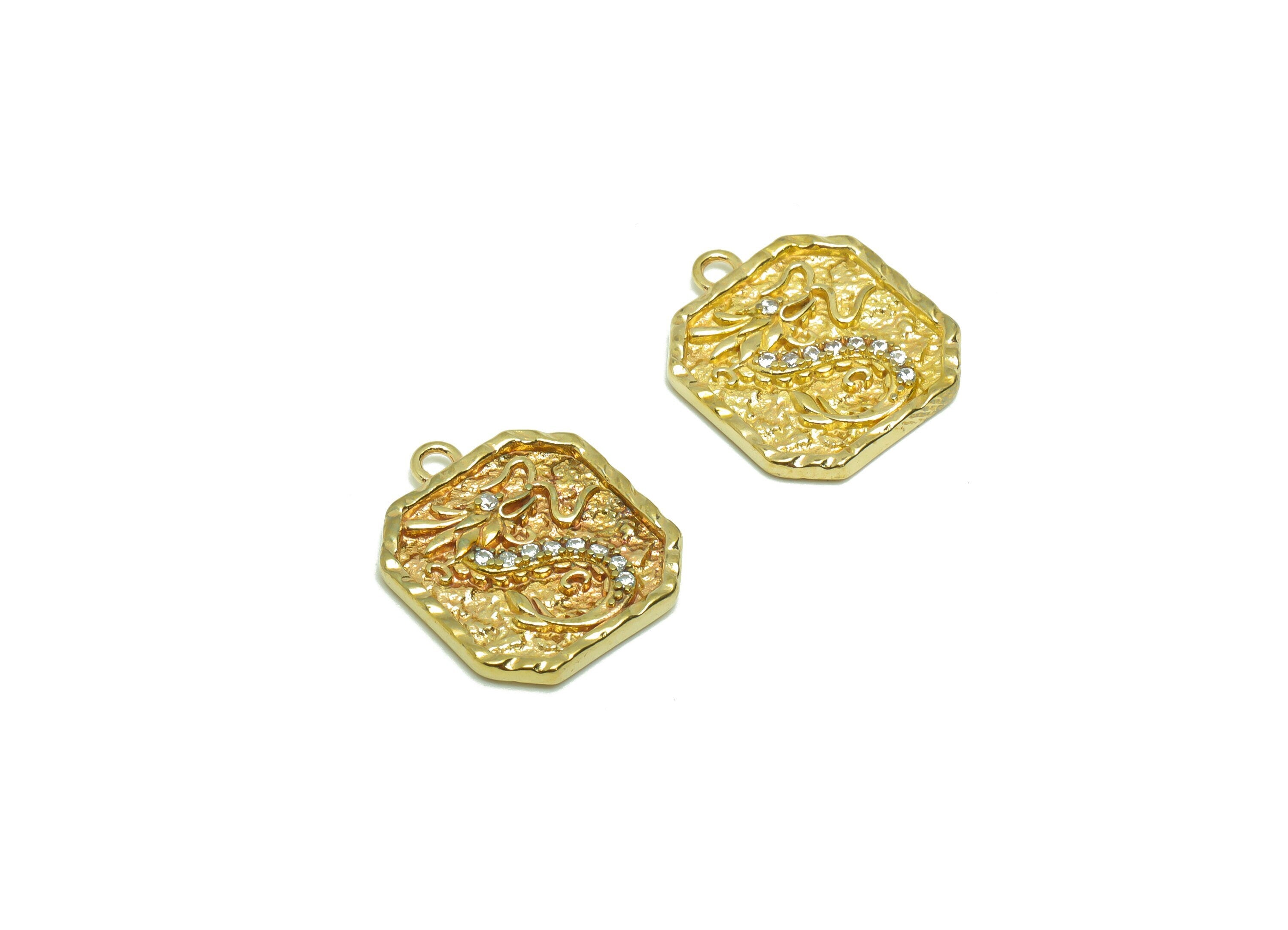 Brass Dragon Earring Charm - Brass Zircon Dragon Earring Charm - Raw Brass Oval Squar Textured Dragon Pendant - 14.64x12.8x2.9mm - PP8700 - DOMEDBAZAAR