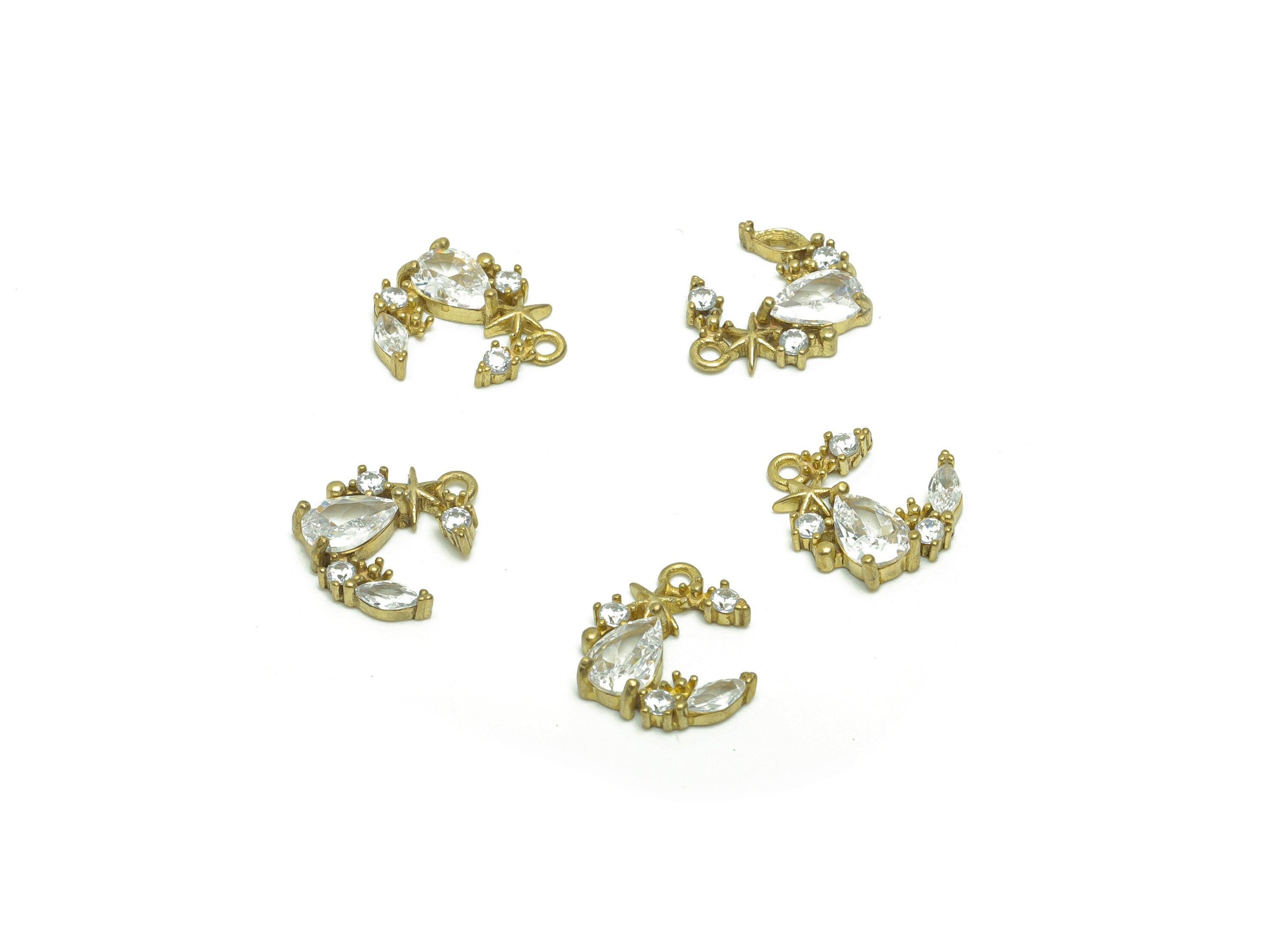 Brass CZ Crescent Earring Charm - Brass Zircon Star Teardrop Earring Charm - Brass Marquise Open Hoop Zircon Pendant - 12x10x3mm - PP8676 - DOMEDBAZAAR