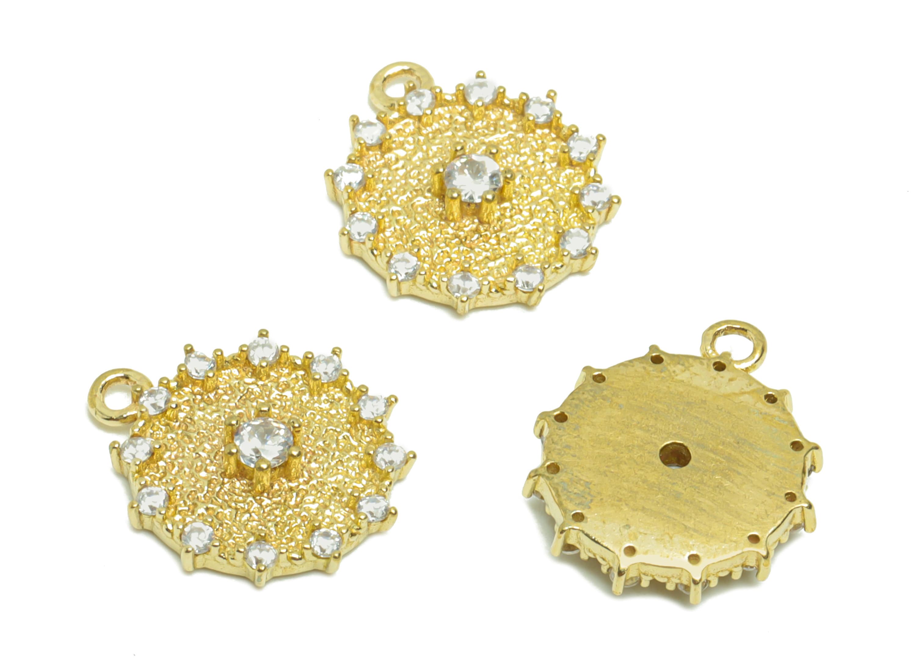 Brass Round Earring Charm - Brass Zircon Circle Earring Charm - Brass Textured Flower Zircon Pendant - Jewelry Supplies -12x2x1mm - PP8640 - DOMEDBAZAAR