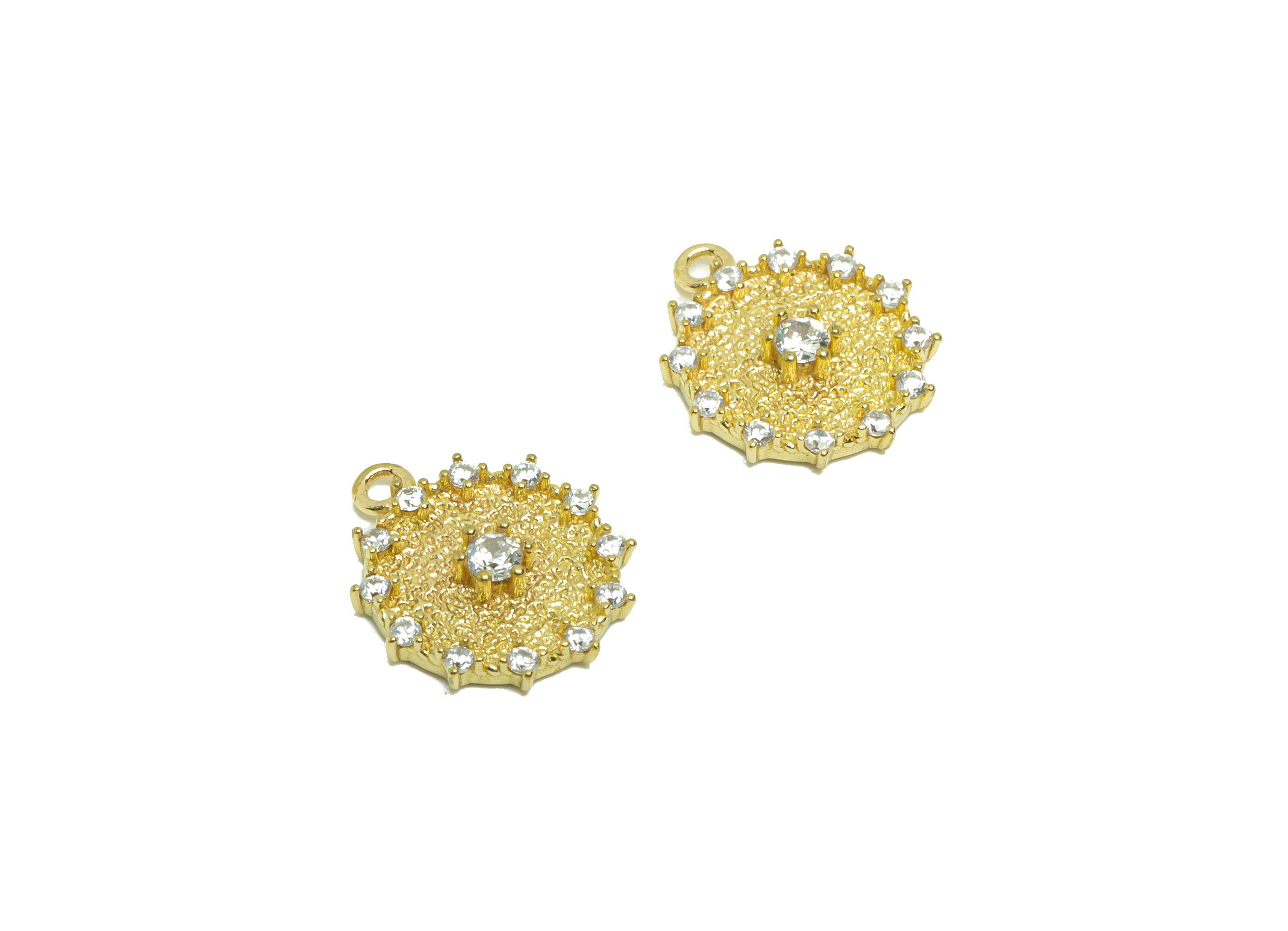 Brass Round Earring Charm - Brass Zircon Circle Earring Charm - Brass Textured Flower Zircon Pendant - Jewelry Supplies -12x2x1mm - PP8640 - DOMEDBAZAAR