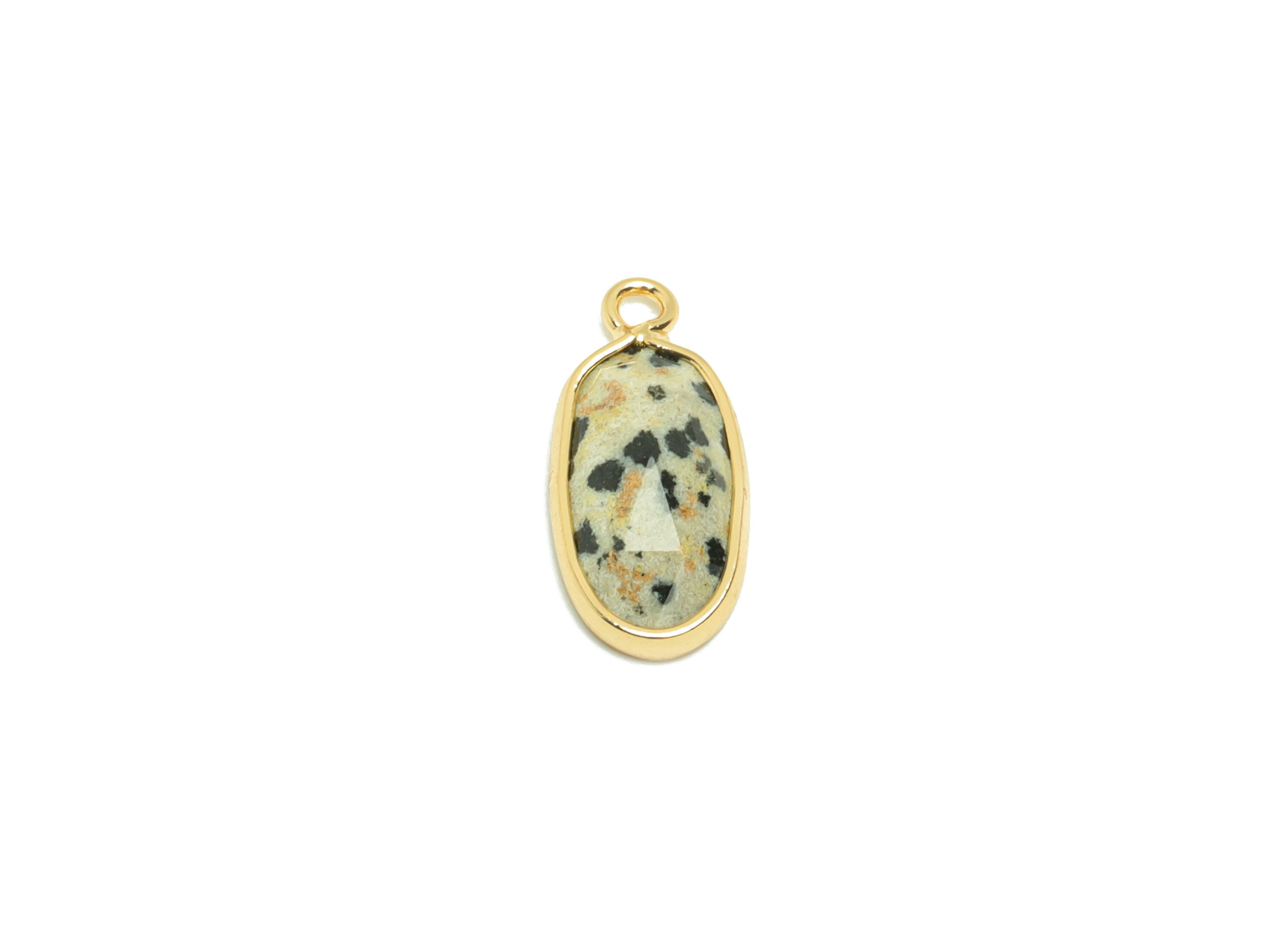 Brass Oval Stone Charm - Dalmatian stone Natural Stone Charms - Gold Tone Plated Brass - Jewelry Supplies - 17.93x8.25x4.25mm- NS1911 - DOMEDBAZAAR