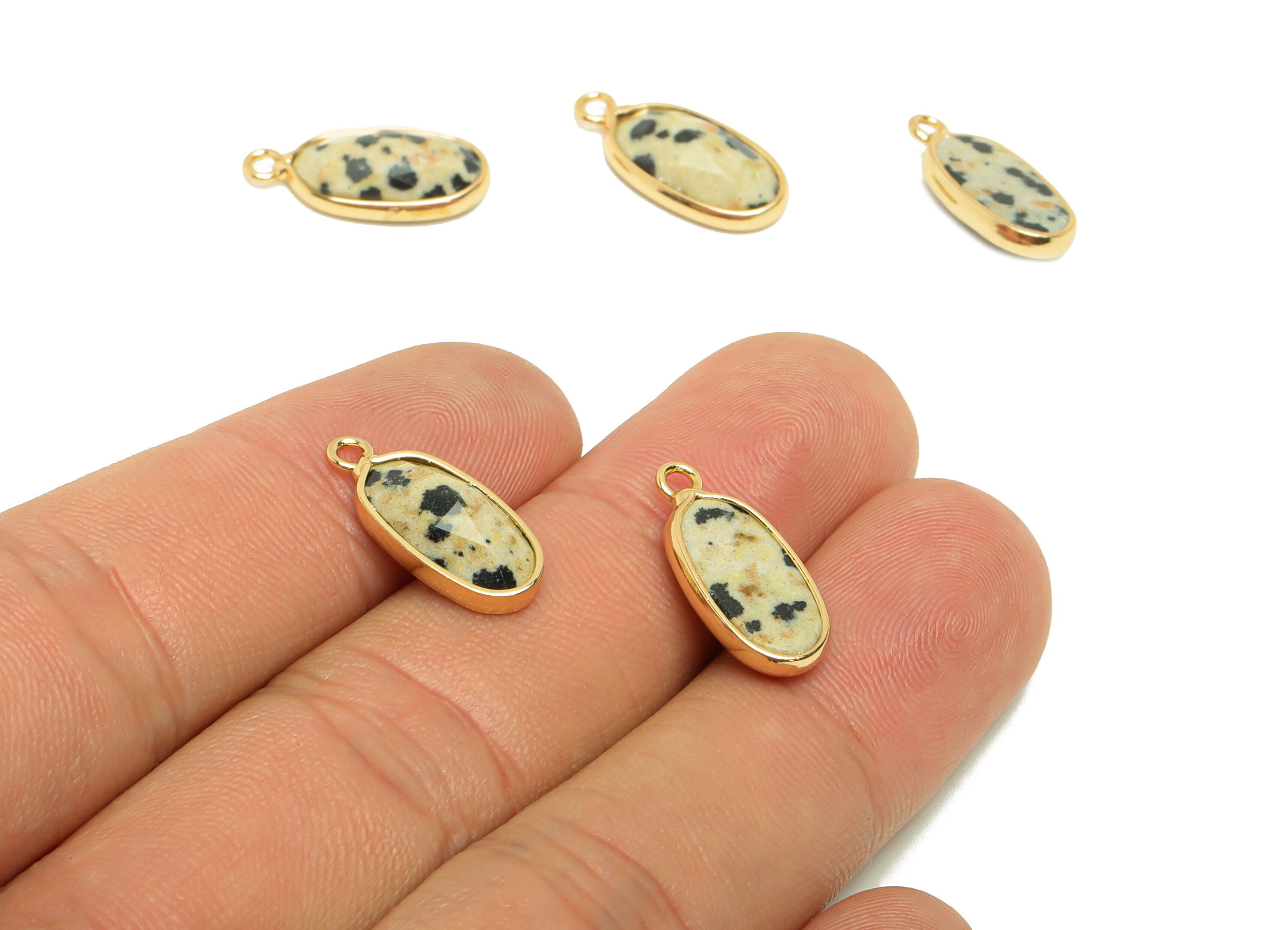 Brass Oval Stone Charm - Dalmatian stone Natural Stone Charms - Gold Tone Plated Brass - Jewelry Supplies - 17.93x8.25x4.25mm- NS1911 - DOMEDBAZAAR