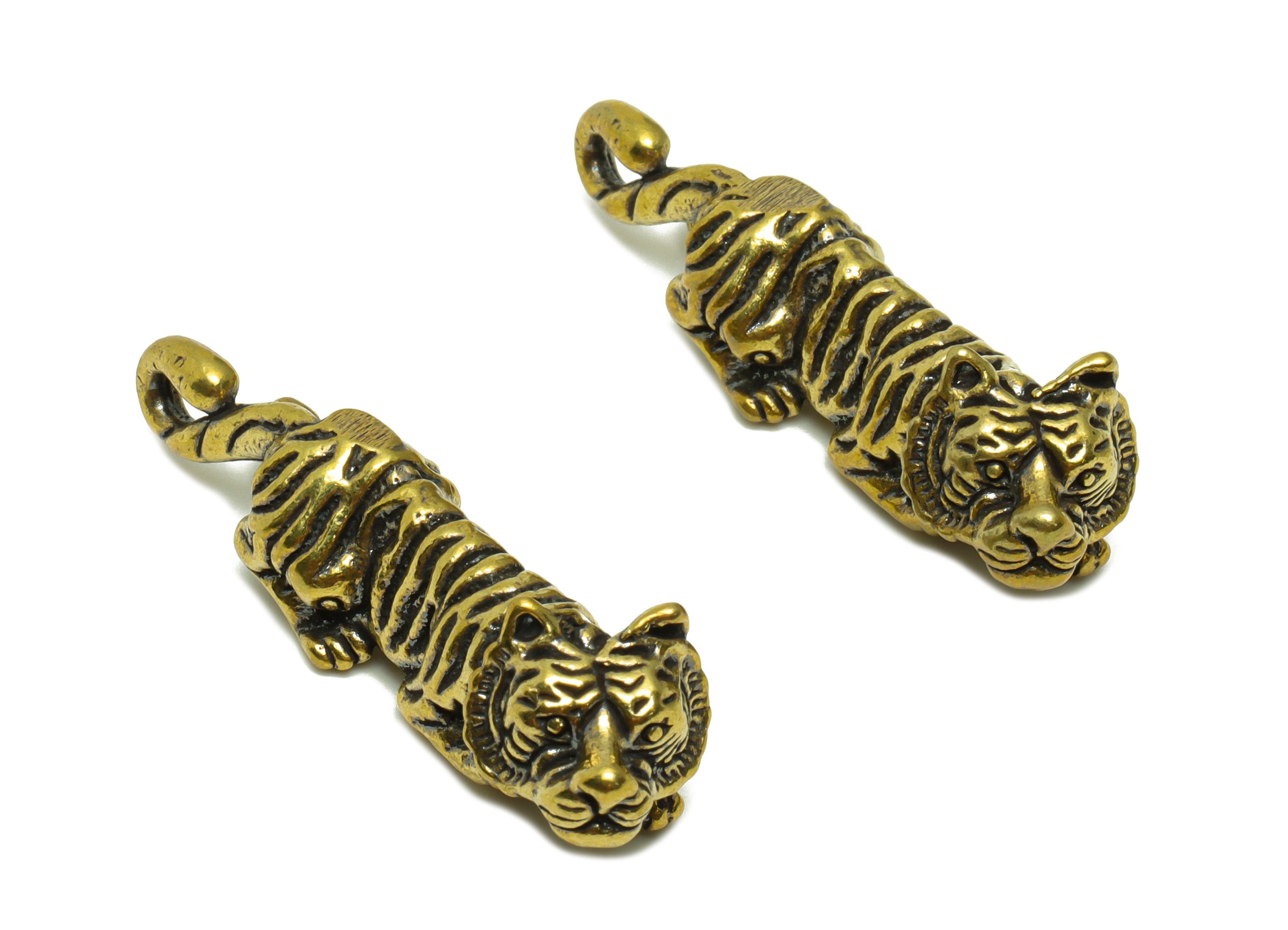 Brass Tiger Charm - Raw Brass Tiger Earring Charms - Antique Looking Pendant - Tiger Figure - Vintage Style Pendant - 43x14x11mm - PP8730 - DOMEDBAZAAR