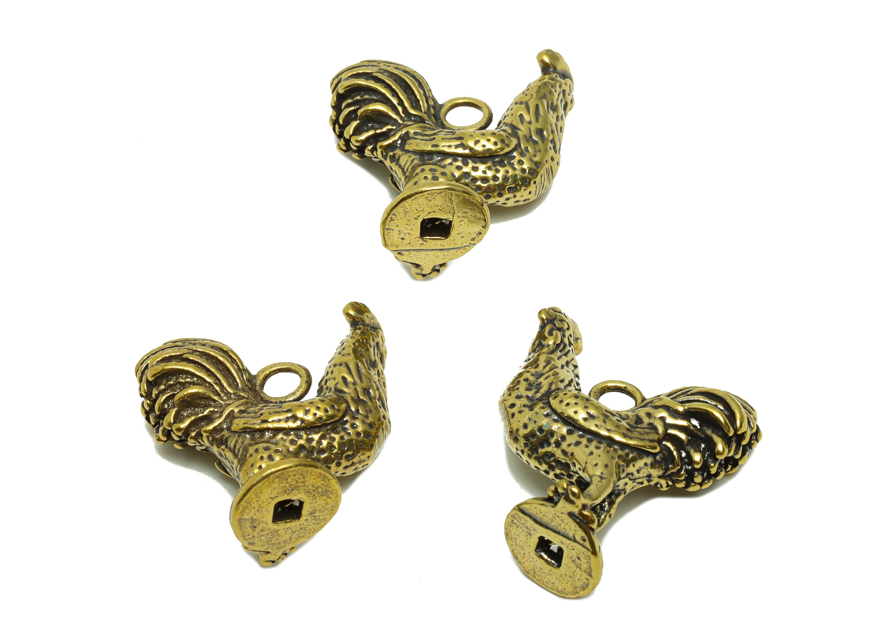 Brass Chicken Charm - Raw Brass Cock Chicken Earring Charms - Rooster Antique Looking Pendant - Rooster Figure - 30.38x25.44x8.03mm - PP8739 - DOMEDBAZAAR
