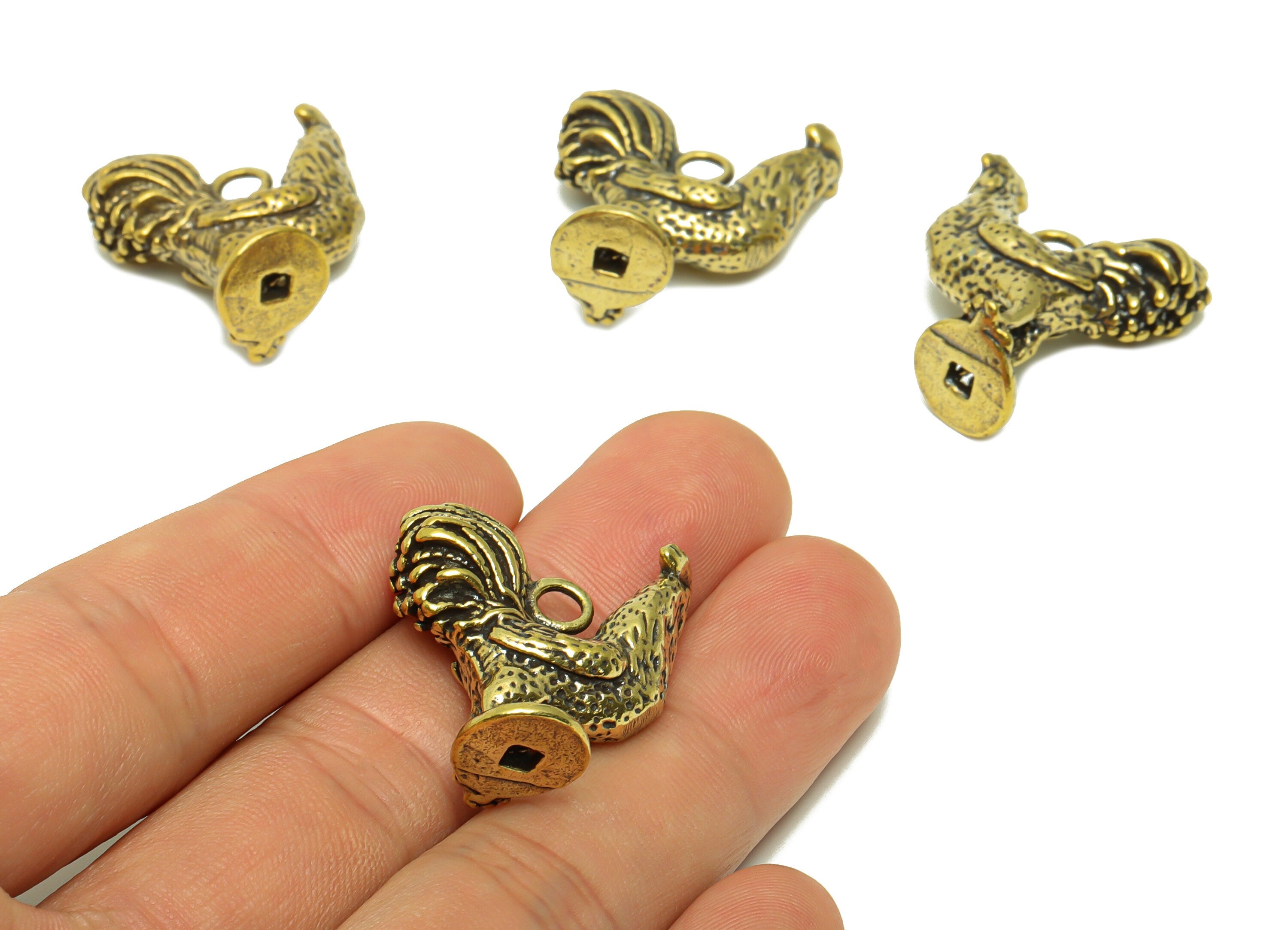 Brass Chicken Charm - Raw Brass Cock Chicken Earring Charms - Rooster Antique Looking Pendant - Rooster Figure - 30.38x25.44x8.03mm - PP8739 - DOMEDBAZAAR
