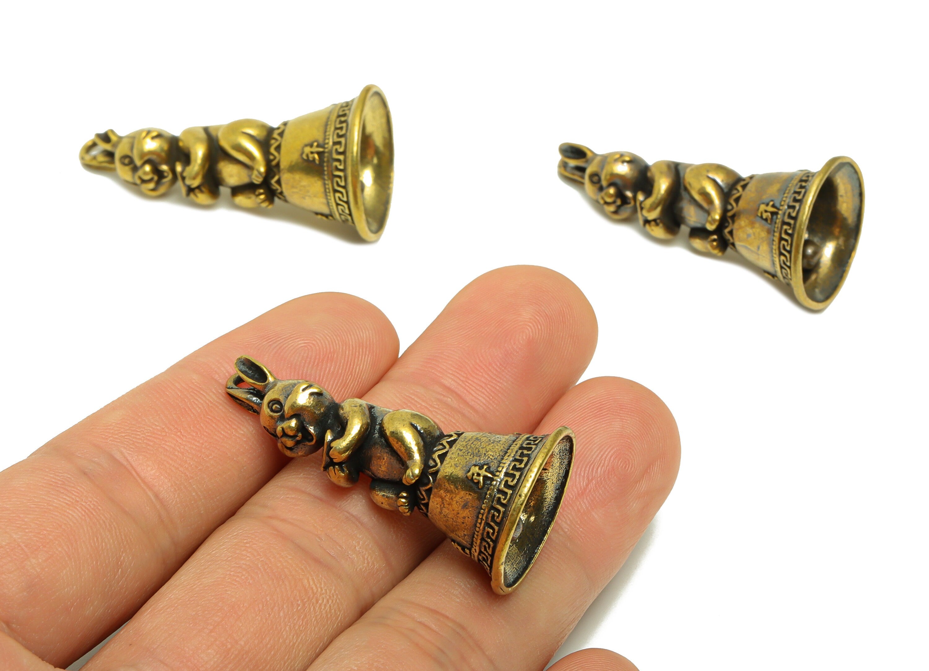 Brass Bell Charm - Raw Brass Rabbit Bell Earring Charms - Dragon Bell Figure - Antique Looking Pendant - Bell Pendant- 39.62x19x19mm-PP8757 - DOMEDBAZAAR