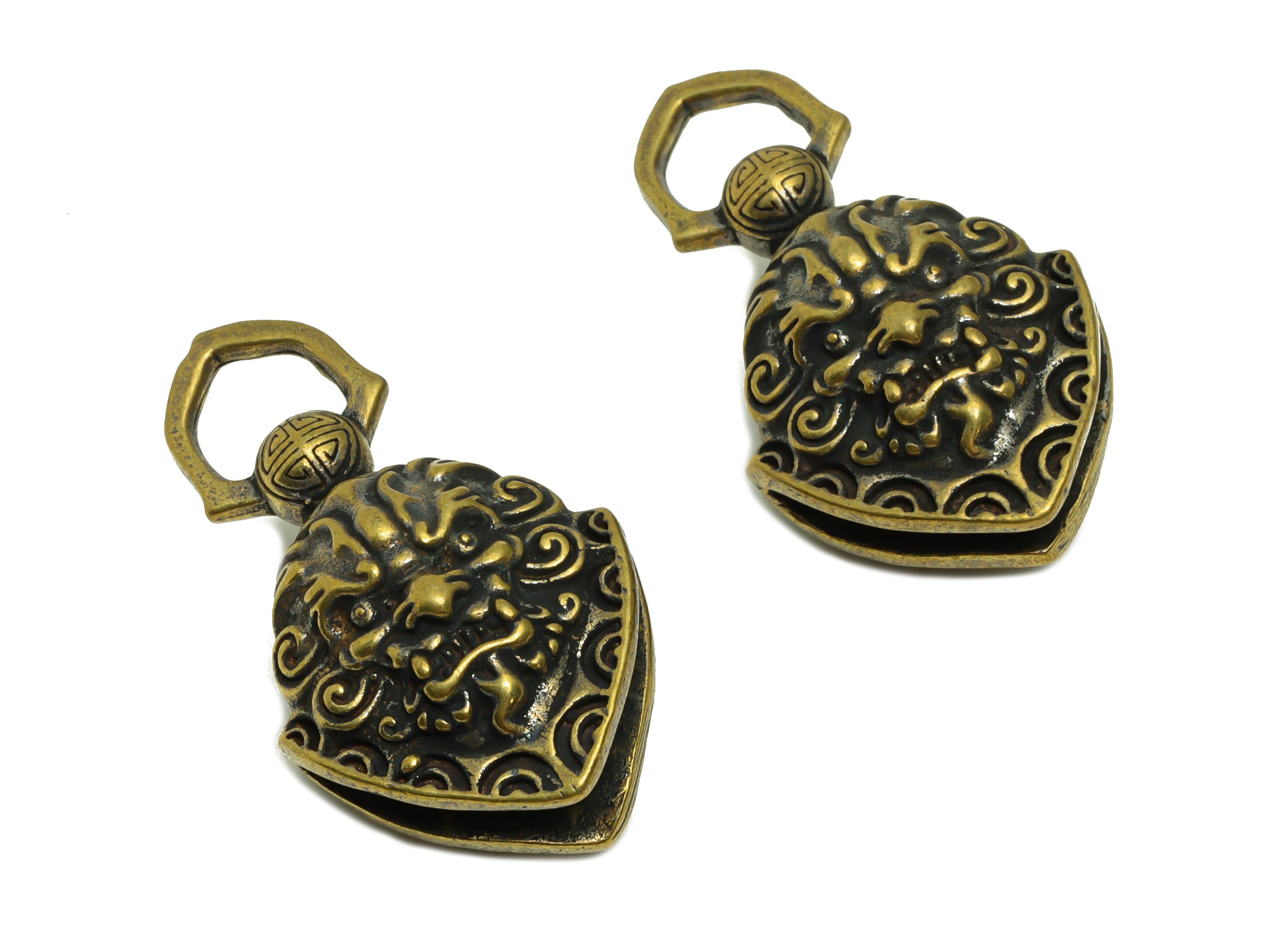 Brass Bell Charm - Raw Brass Dragon Bell Earring Charms -Dragon Bell Figure - Antique Looking Pendant - Bell Pendant- 43.79x24x16mm-PP8765 - DOMEDBAZAAR