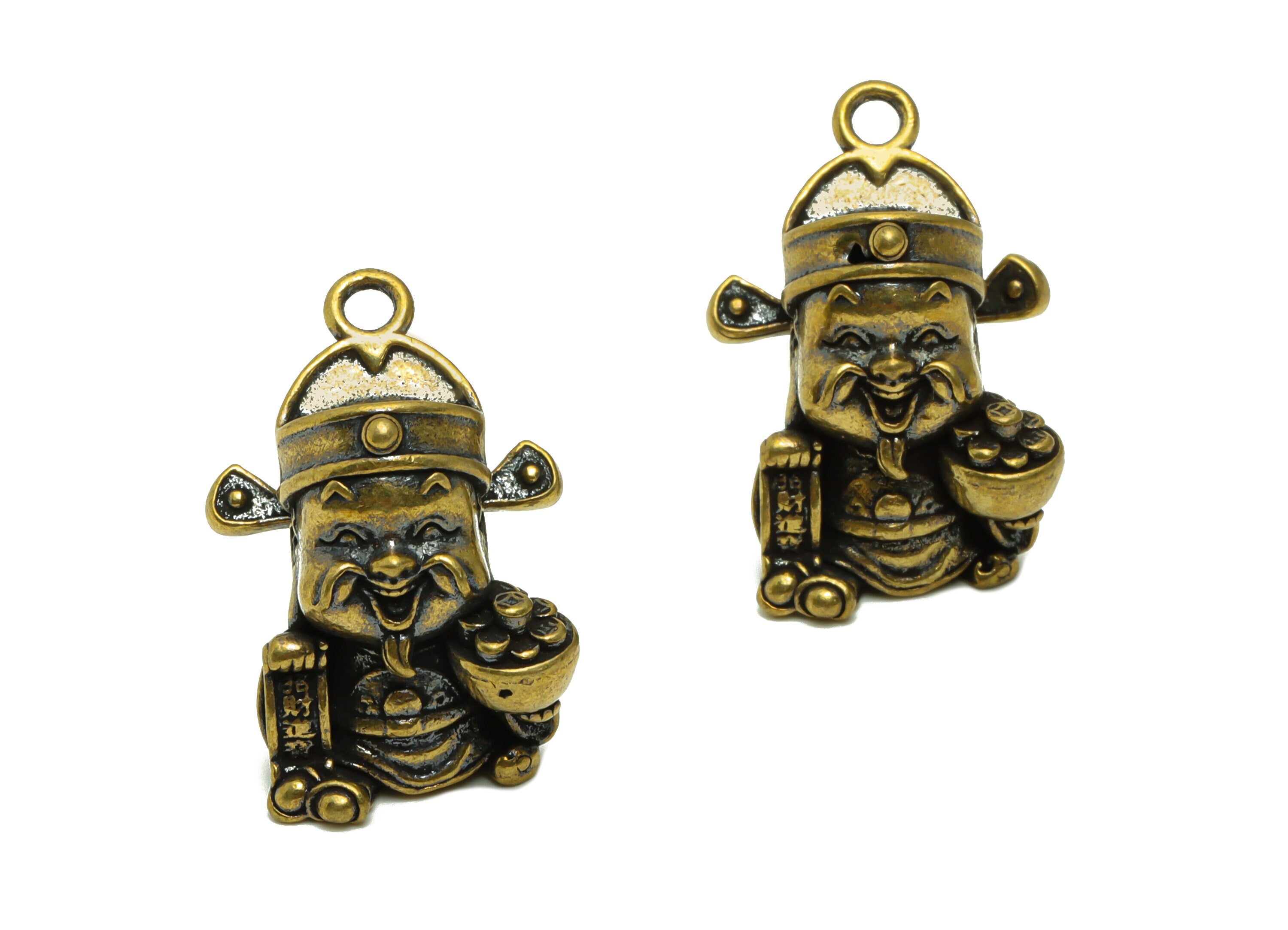 Raw Brass Grandpa Wealth Earring Charms - Chinese traditional Person Figure - Antique Looking Pendant- 26.38x19.5x13.9mm-PP8716 - DOMEDBAZAAR