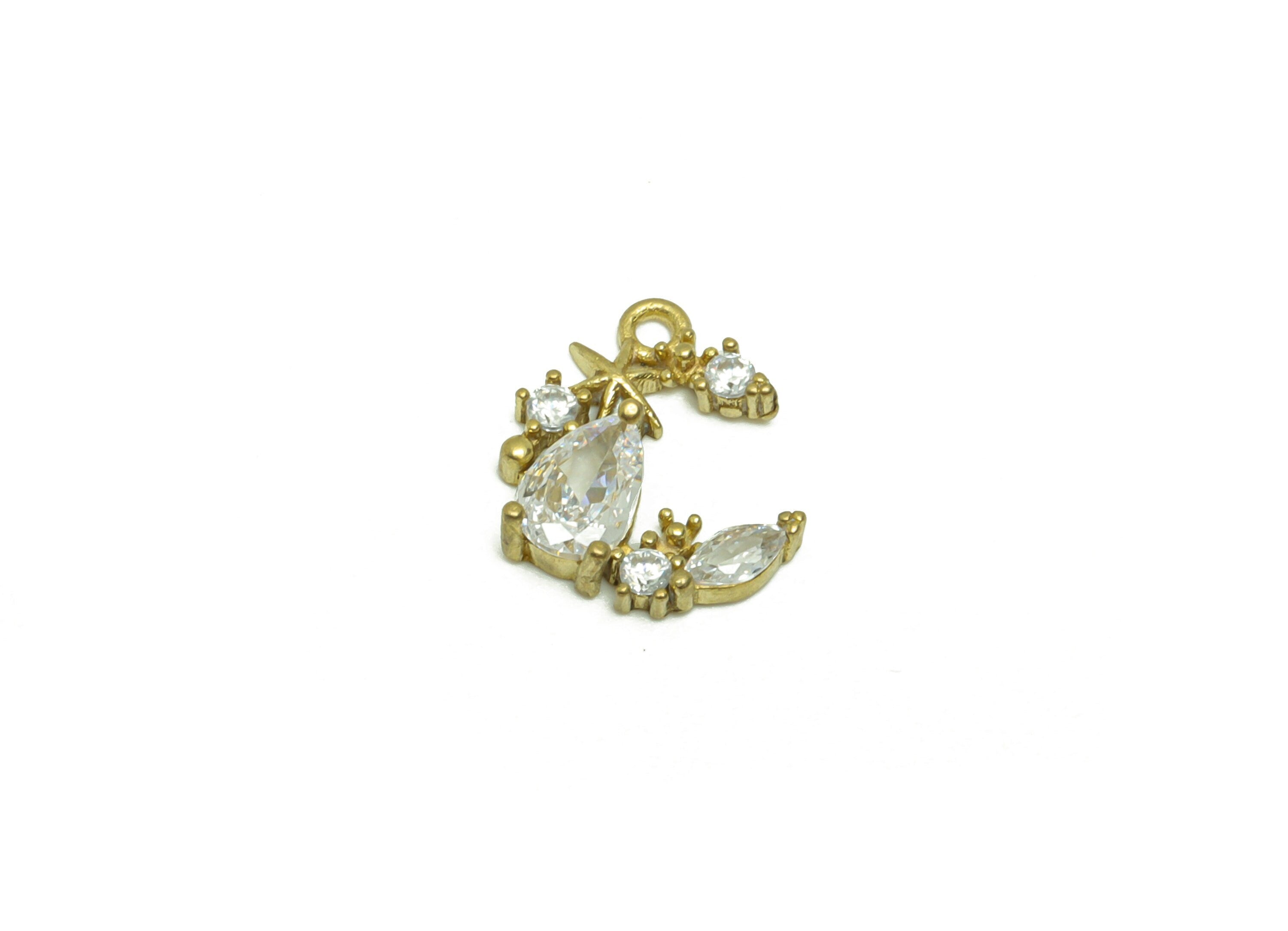 Brass CZ Crescent Earring Charm - Brass Zircon Star Teardrop Earring Charm - Brass Marquise Open Hoop Zircon Pendant - 12x10x3mm - PP8676 - DOMEDBAZAAR