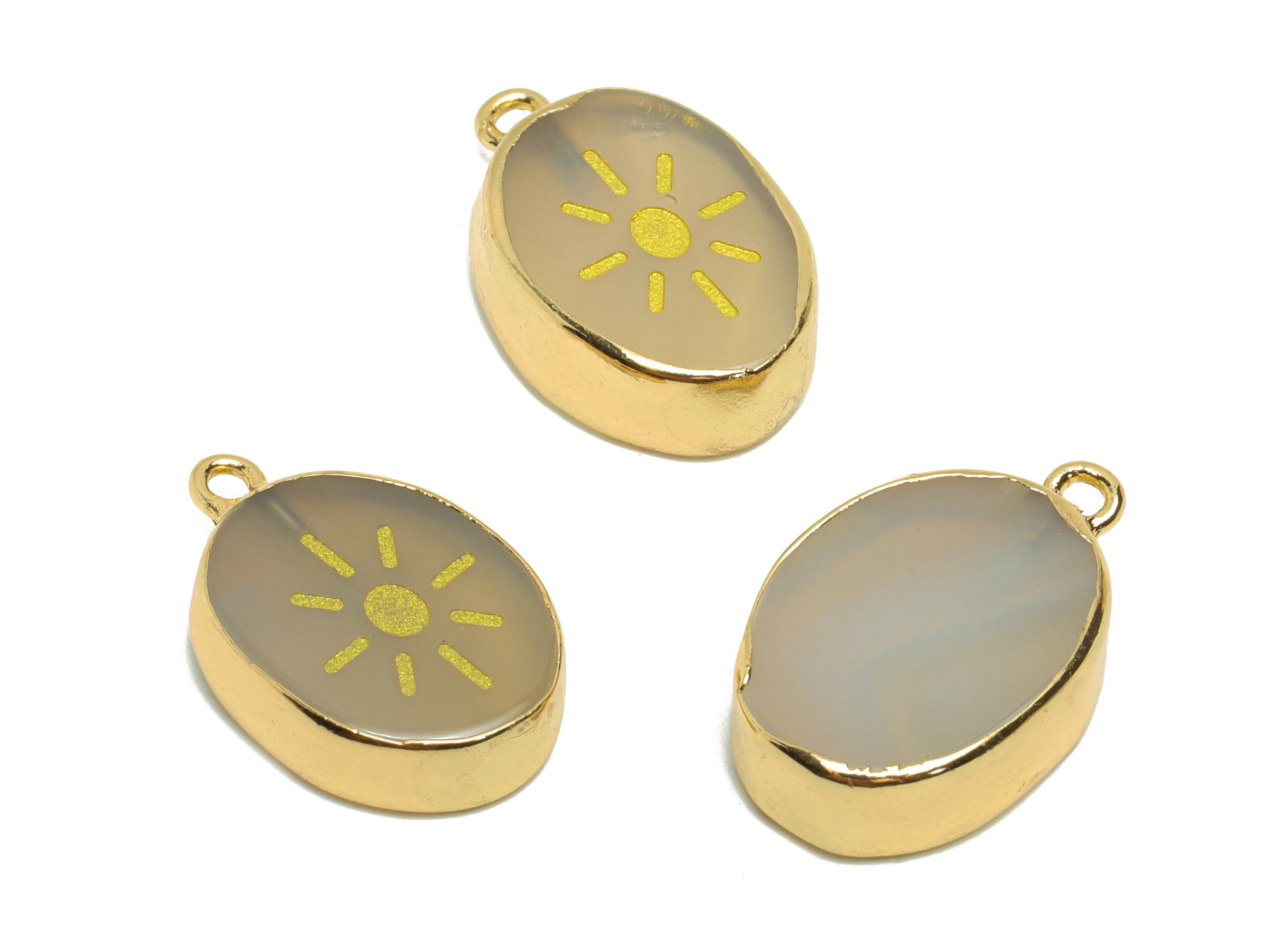 Gray Agate Bald Sign Charm - Sun Gray Agate stone - Sunshine Natural Stone Charms - Gold Tone Plated - Jewelry Supplies - 23x14x4mm- NS1915 - DOMEDBAZAAR
