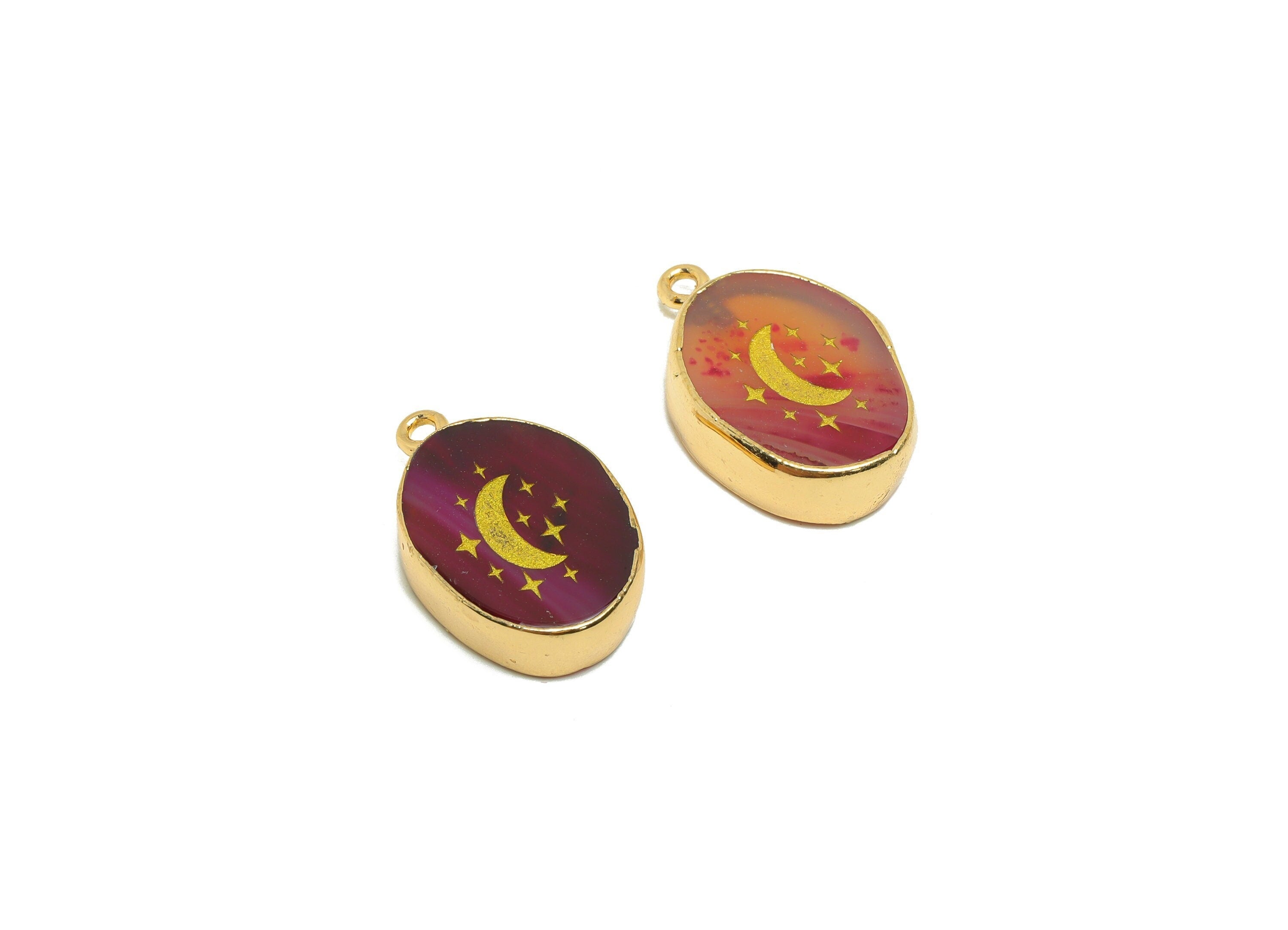 Red Agate stone Charm - Star Red Agate stone Brass - Crescent Natural Stone Charms - Gold Tone Plated - Jewelry Supplies - 23x14x4mm- NS1914 - DOMEDBAZAAR