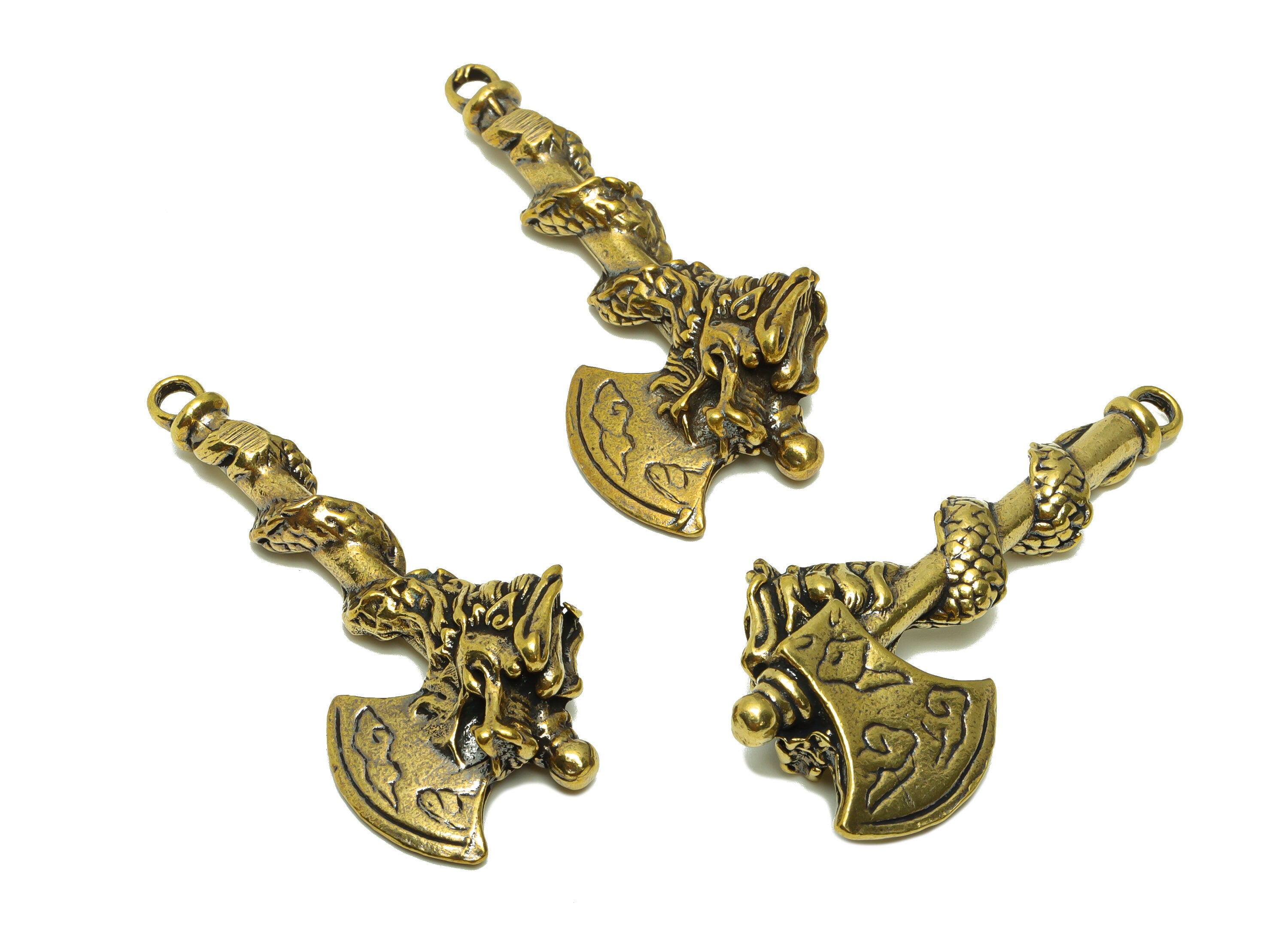 Brass Hatchet Charm - Raw Brass Dragon Hatchet Charms - Dragon Hatchet Figure - Antique Looking Pendant - Axe Pendant - 58x27x10mm-PP8743 - DOMEDBAZAAR