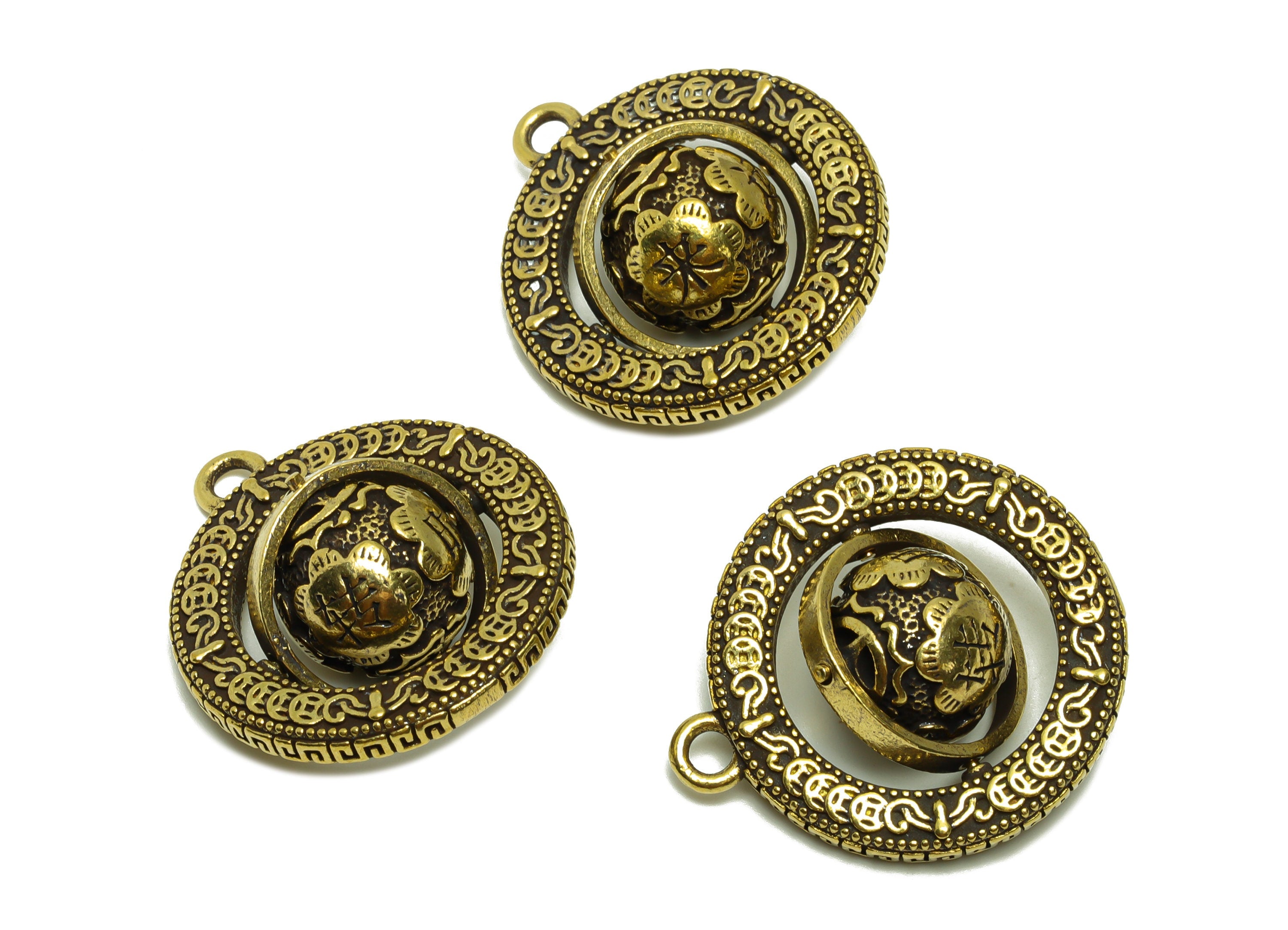 Brass Turning Charm - Raw Brass Turning Ball Earring Charm - Textured Figure - Antique Looking Pendant - Ball Pendant - 34x30x14mm -PP8781 - DOMEDBAZAAR