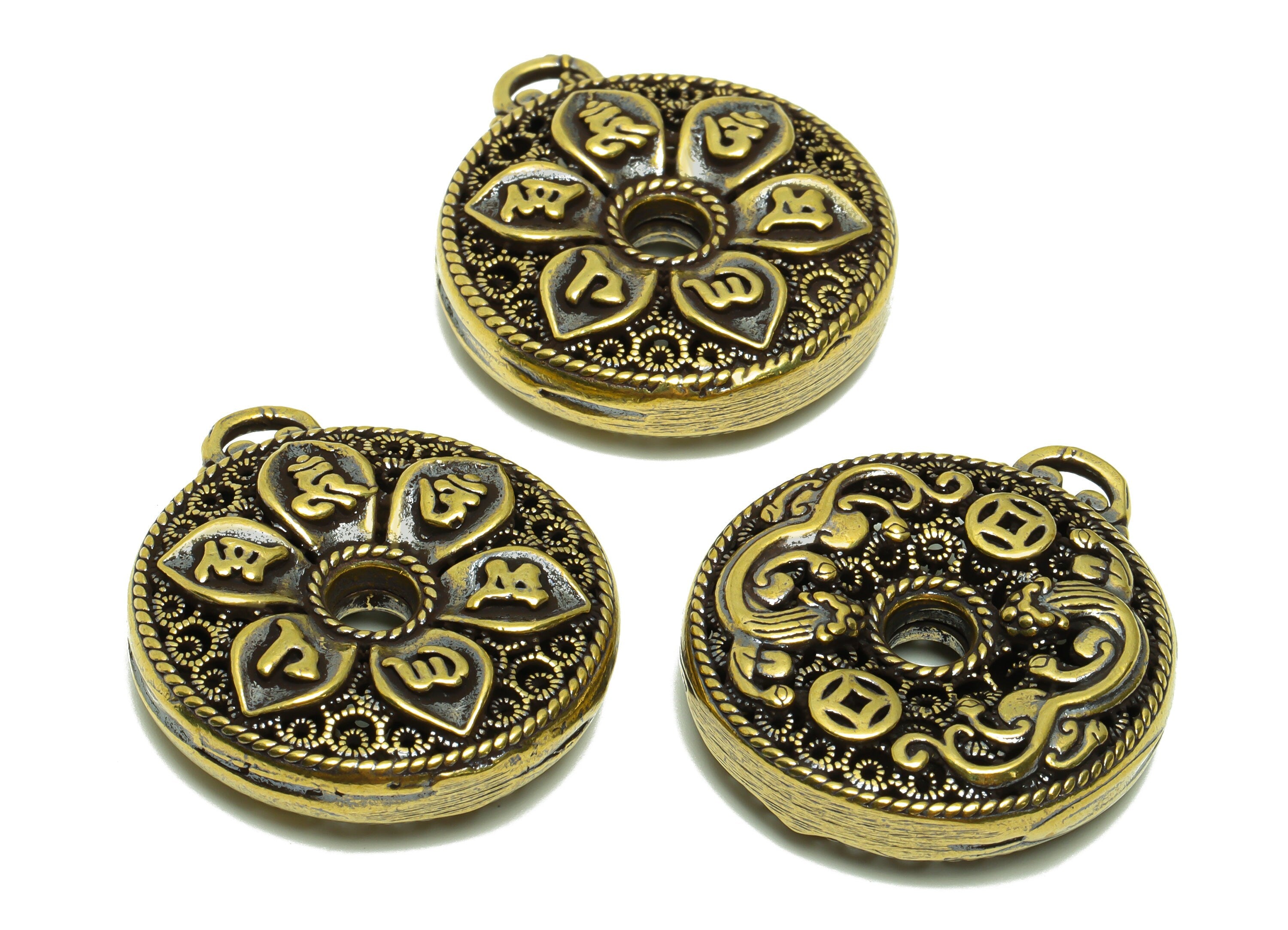 Brass Round Charm - Raw Brass Hollow Flower Earring Charm - Textured Figure - Antique Looking Pendant - Pattern Pendant - 35x31x8mm -PP8782 - DOMEDBAZAAR