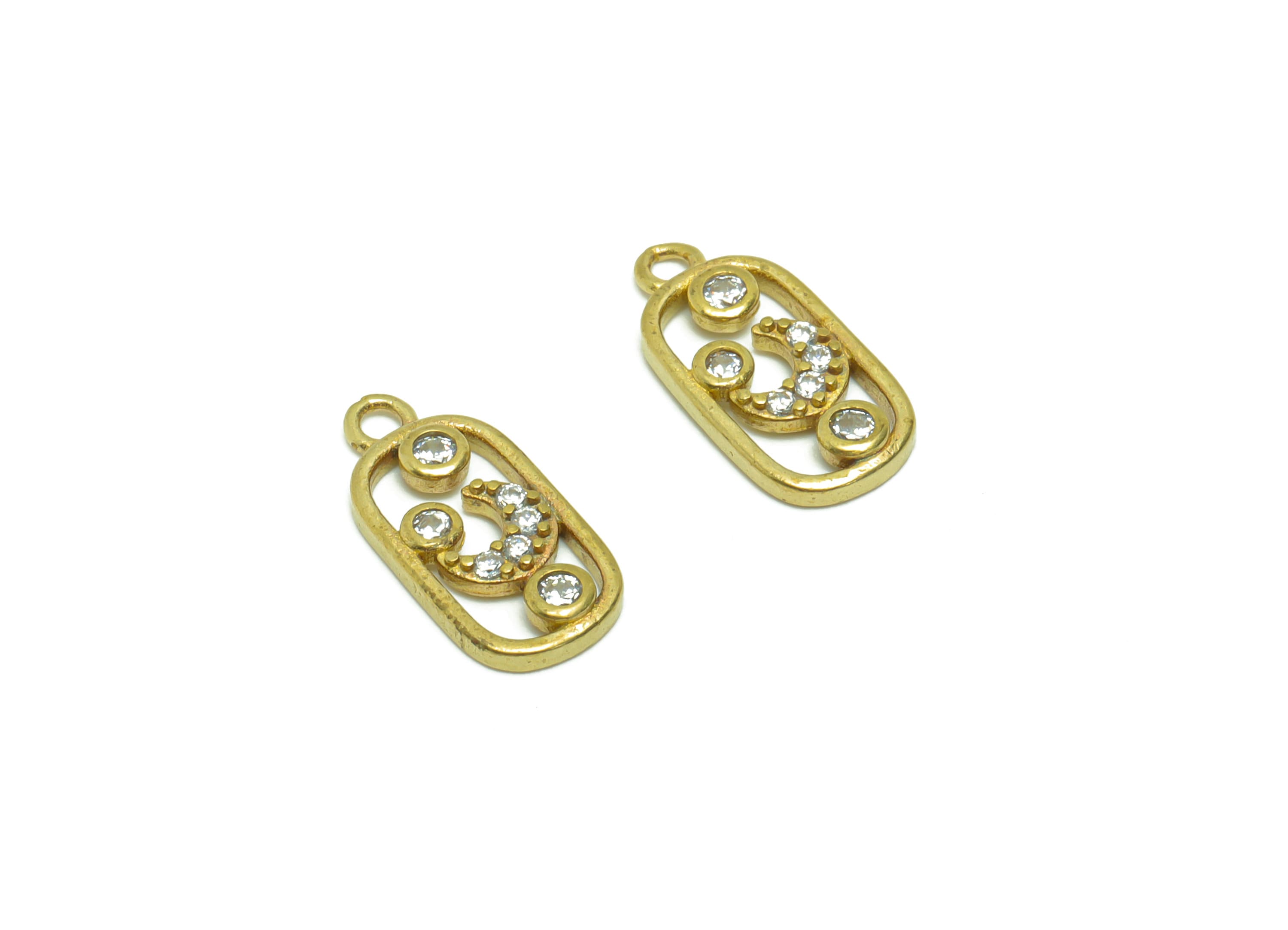 Brass Crescent Earring Charm - Raw Brass Moon Pendant - Cubic Zircon Oval Rectangle Earring Charm - Space Earring Charm - 15x7x1mm - PP8789 - DOMEDBAZAAR