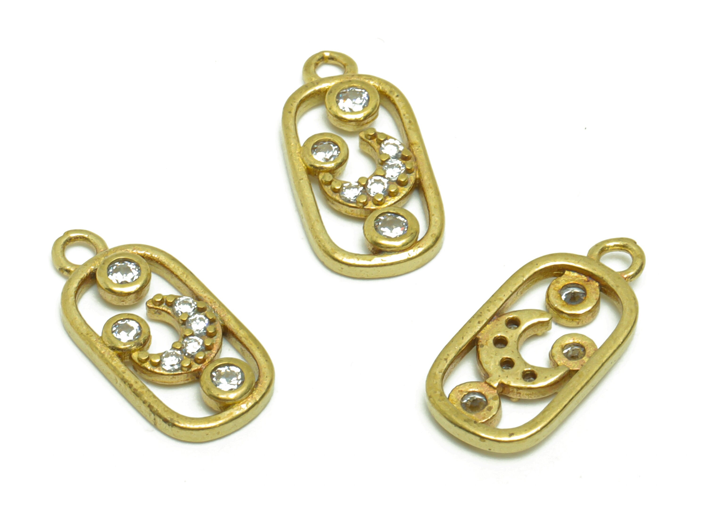 Brass Crescent Earring Charm - Raw Brass Moon Pendant - Cubic Zircon Oval Rectangle Earring Charm - Space Earring Charm - 15x7x1mm - PP8789 - DOMEDBAZAAR