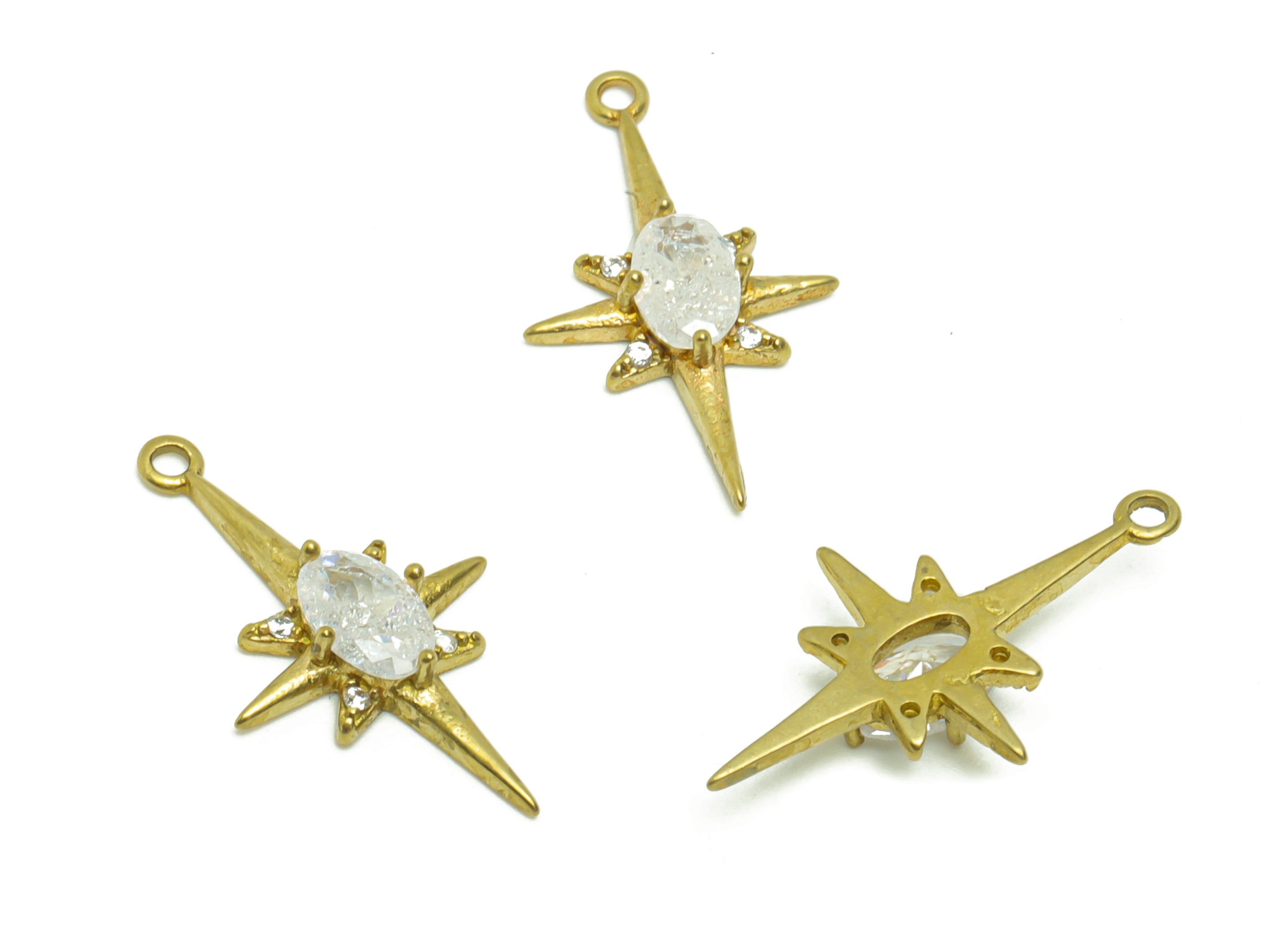 Brass Star Earring Charm - Raw Brass North Star Pendant - Cubic Zircon Oval Star Earring Charm - Oval Zircon Charm - 21.15x12x3.4mm - PP8805 - DOMEDBAZAAR